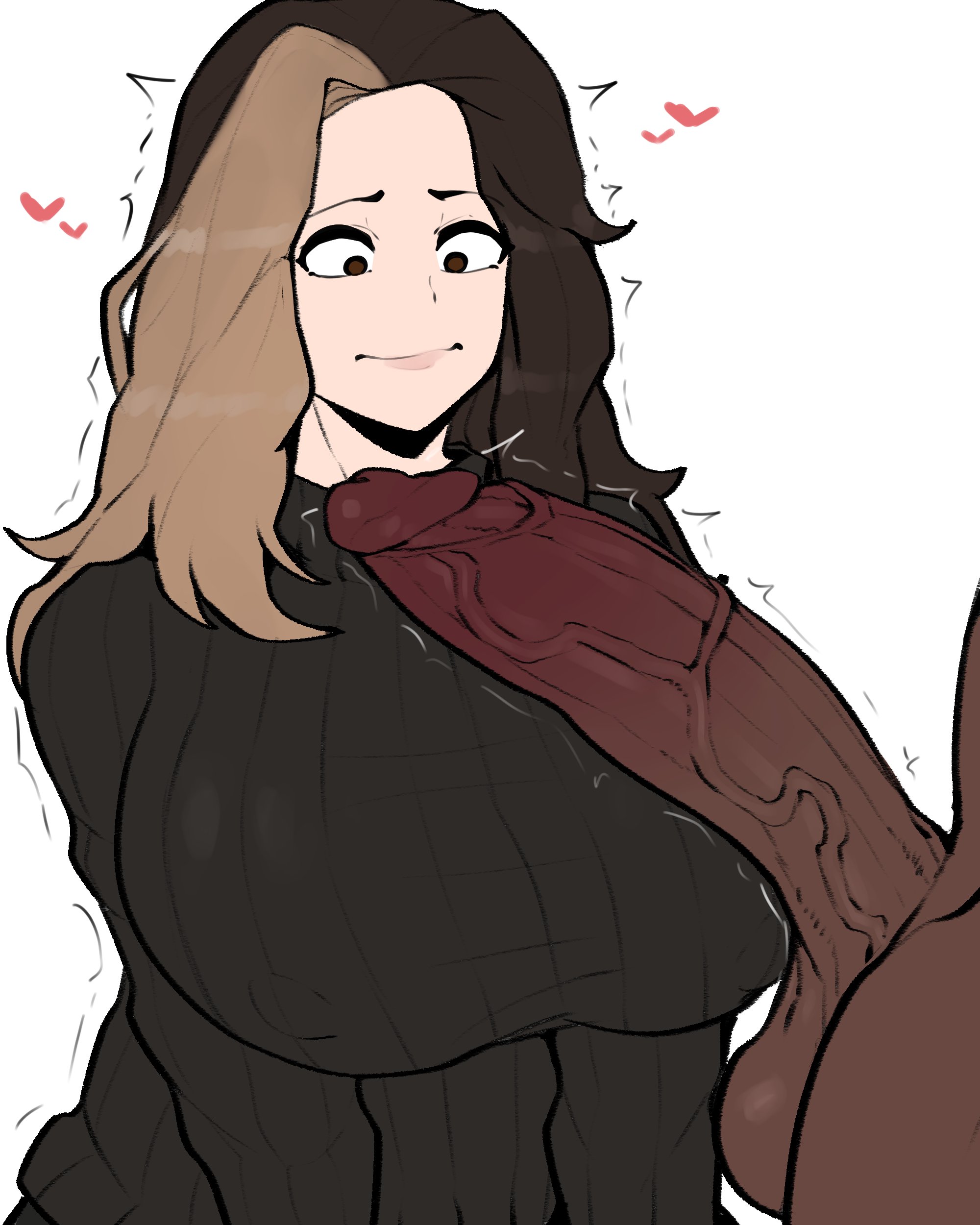 <3, 1boy, 1girls, 2023, big breasts, big penis, black hair, breasts, brown hair, dark skin, dark-skinned male, female, hearts around head, hi res, high resolution, highres, horu, huge cock, huge penis, interracial, intimidating, large breasts, large penis, light skin, light-skinned female, male, male/female, oc, original, original character, penis, penis awe, sweater, tagme, two-tone hair, veiny penis, white background