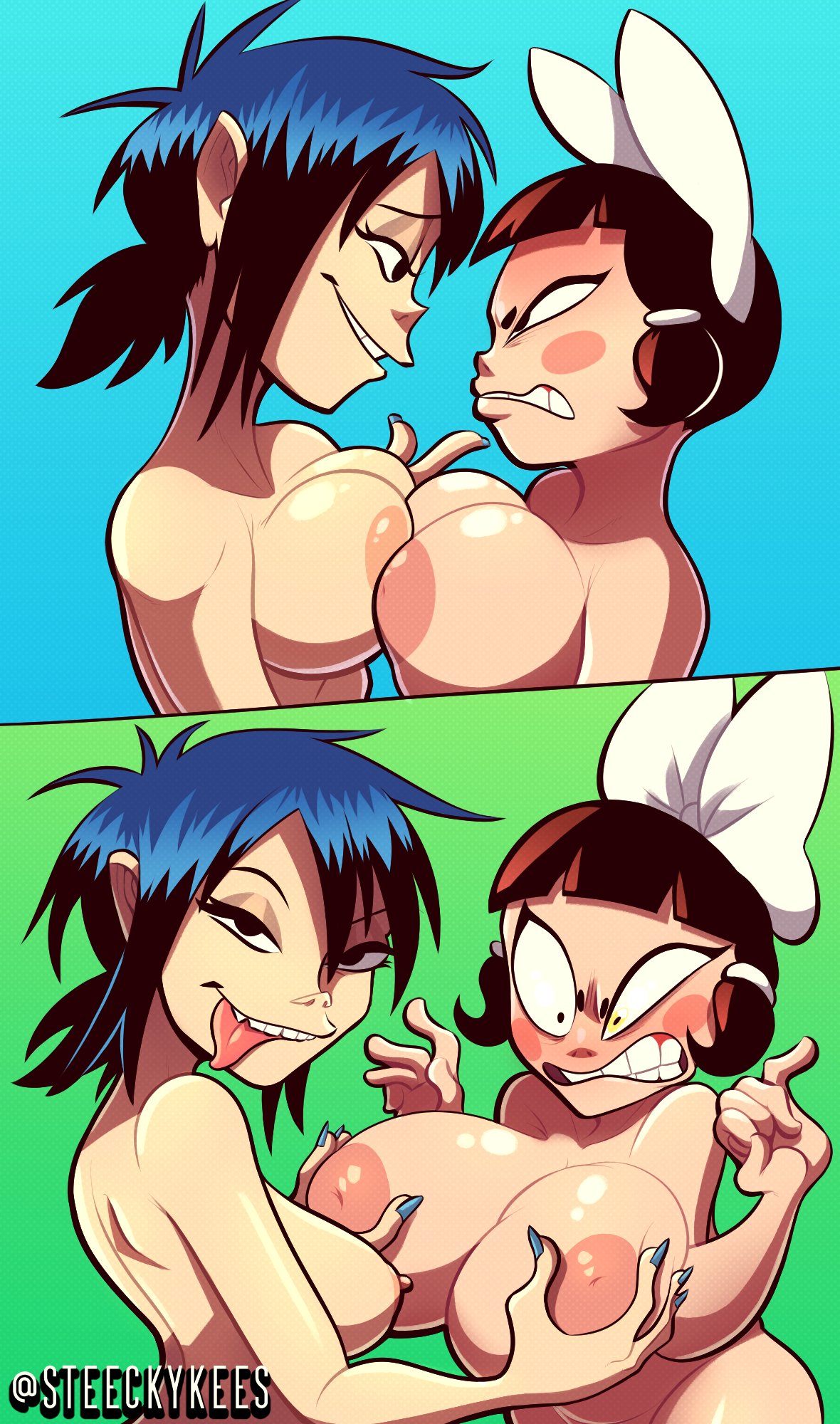 2girls angry big_areola big_breasts blush bow_ribbon female female_only fondling gorillaz grabbing_breasts looking_at_viewer mote_(steecks) multiple_girls noodle_(gorillaz) original_character steecks steeckykees