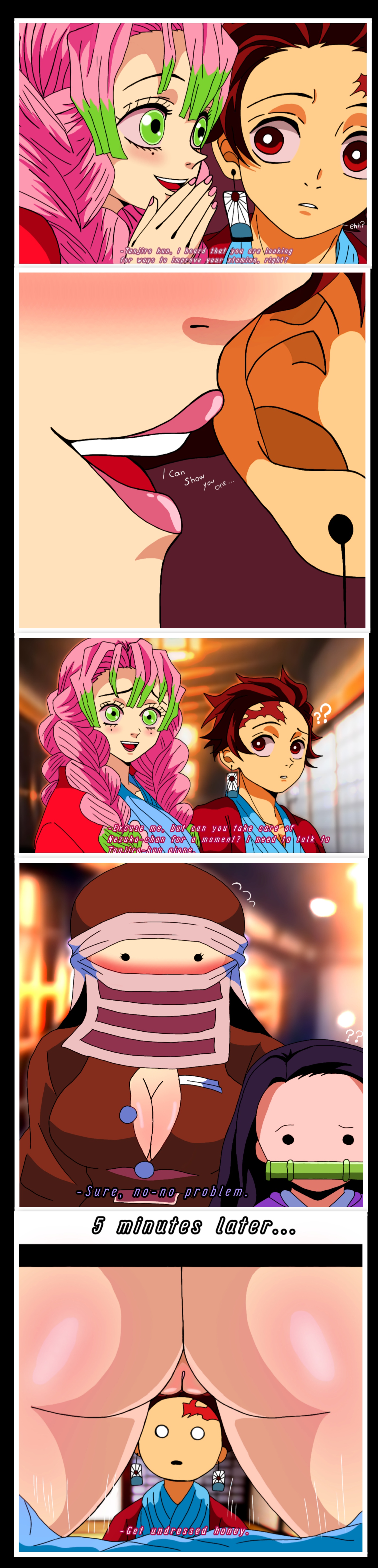 1boy, 1girls, artist request, ass, breasts, comic, demon slayer, english text, female, imminent sex, kakushi (kimetsu no yaiba), kamado nezuko, kamado tanjirou, kanroji mitsuri, kimetsu no yaiba, male, multiple females, multiple girls, nude, nude female, pink hair, pink-haired female, pussy, tagme, tagme (artist), text, tits