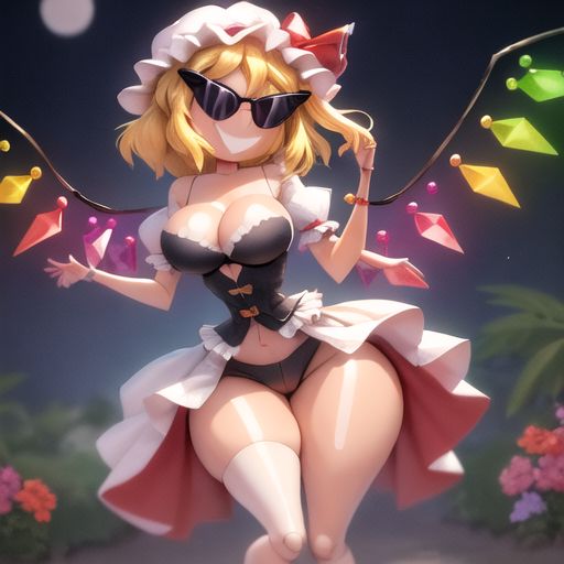 ai_generated armpits bimbo bimbo_body bimbofication bimbofied body_modification corset dollification female flandre_scarlet hourglass_figure huge_ass huge_breasts implied_transformation knick_knack midriff npg8993 panties permanent_smile smile sunglasses sunnification sunny_miami thick_thighs thin_waist touhou transformation wide_hips