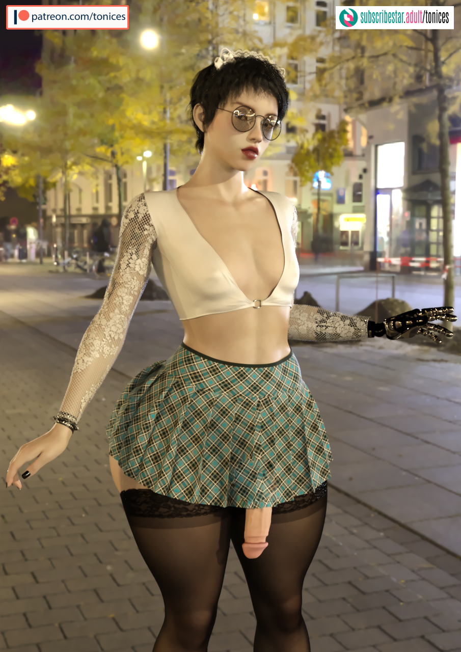 1boy, 1femboy, 3d, ass, black lipstick, crossdressing, cyborg, femboy, feminine male, girly, glasses, male, male only, original, original character, otoko no ko, penis, penis under skirt, plaid skirt, pleated skirt, prosthetic arm, short hair, sissy, skirt, solo, solo male, stockings, tagme, thick thighs, thighhighs, toni (tonices), tonices, trap