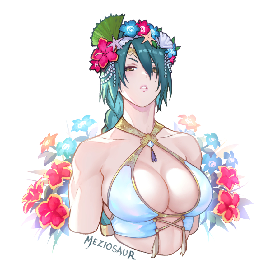 1girls alternate_costume bikini braid braided_ponytail breasts criss-cross_halter female female female_only fire_emblem fire_emblem_heroes flower_wreath green_eyes green_hair halterneck large_breasts lips looking_at_viewer low_ponytail meziosaur nintendo official_alternate_costume parted_lips ponytail solo swimsuit tassel teeth thorr_(fire_emblem) thorr_(summer)_(fire_emblem) upper_body v-shaped_eyebrows watermark white_background white_bikini white_swimsuit