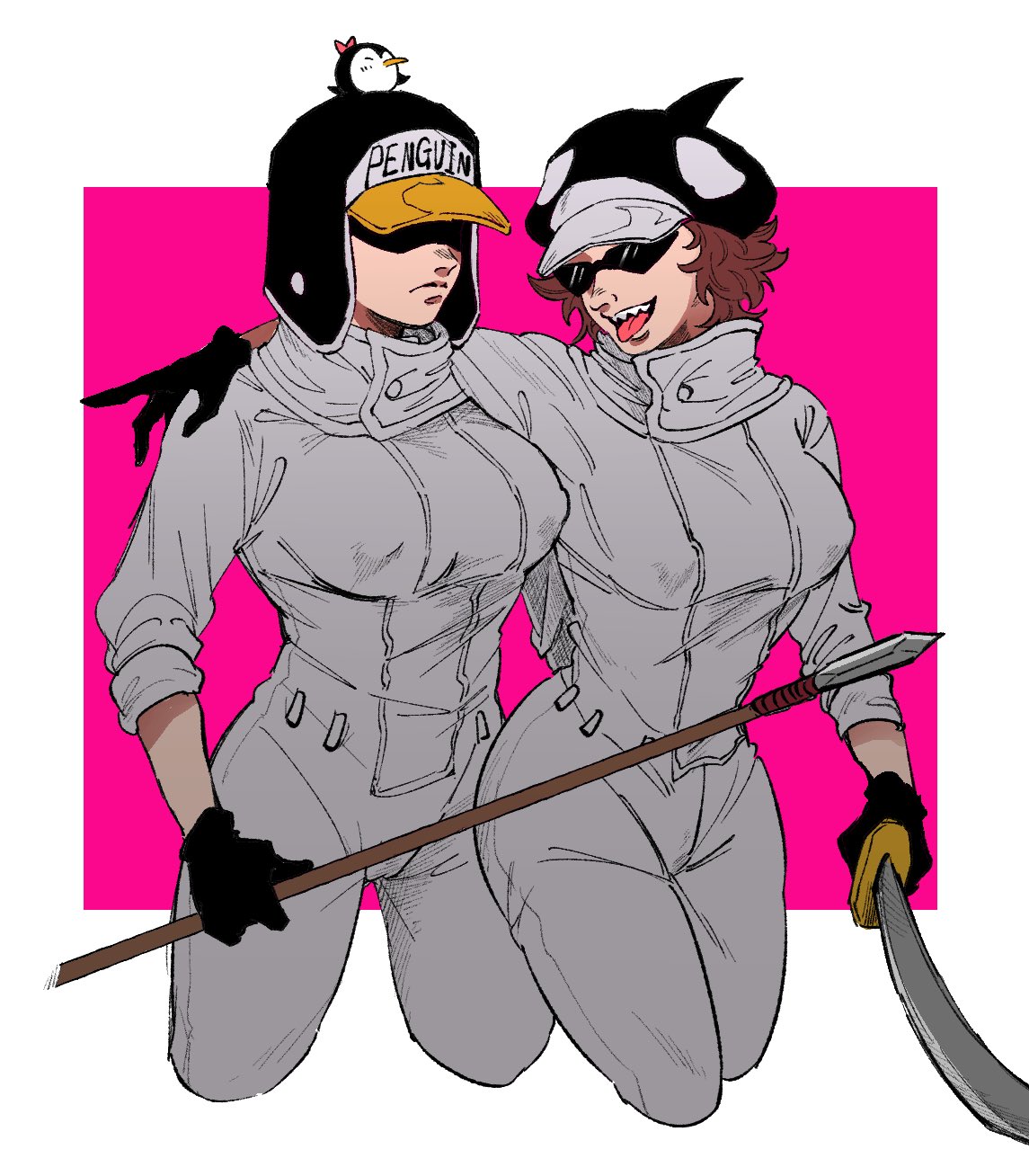 2girls big_breasts black_gloves brown_hair canon_genderswap covered_eyes female female_only fully_clothed genderswap_(mtf) gloves hat headwear heart_pirates jumpsuit nipple_bulge one_piece open_mouth penguin_(one_piece) pink_background rule_63 shachi_(one_piece) shaded_face sharp_teeth shiku_shiku_no_mi short_hair sleeves_rolled_up smile ssk10_03 sunglasses sword tinted_eyewear weapon