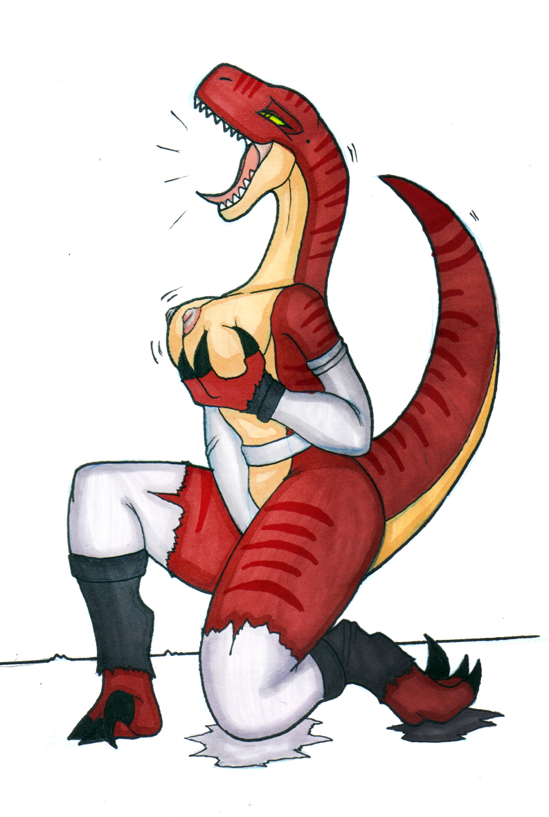 3_fingers 3_toes alternate_species anthro anthro_only armwear aroused aroused_face aroused_smile bald bare_shoulders barefoot belly_scales belt big_breasts black_claws breast_grab breasts capcom claws clothed clothing corruption digitigrade dino_crisis dinosaur dromaeosaurid earhole enjoying erect_nipples fangs feet female fingers gloves green_sclera hand_on_breast handwear huge_breasts ivanks kneeling long_neck long_tail long_tongue lust_transformation markings masturbation mental_transformation mid_transformation moan mostly_nude nipples non-mammal_breasts nude open_mouth pupils raised_tail raptor_claws red_body red_scales regina_(dino_crisis) reptile roaring scales scalie side_view simple_background slit_pupils snout solo species_transformation striped_markings striped_tail stripes tail tail_markings tan_body tan_scales teeth theropod thick_thighs toe_claws toes tongue tongue_out torn_clothing transformation transformation_through_technology white_background yellow_eyes