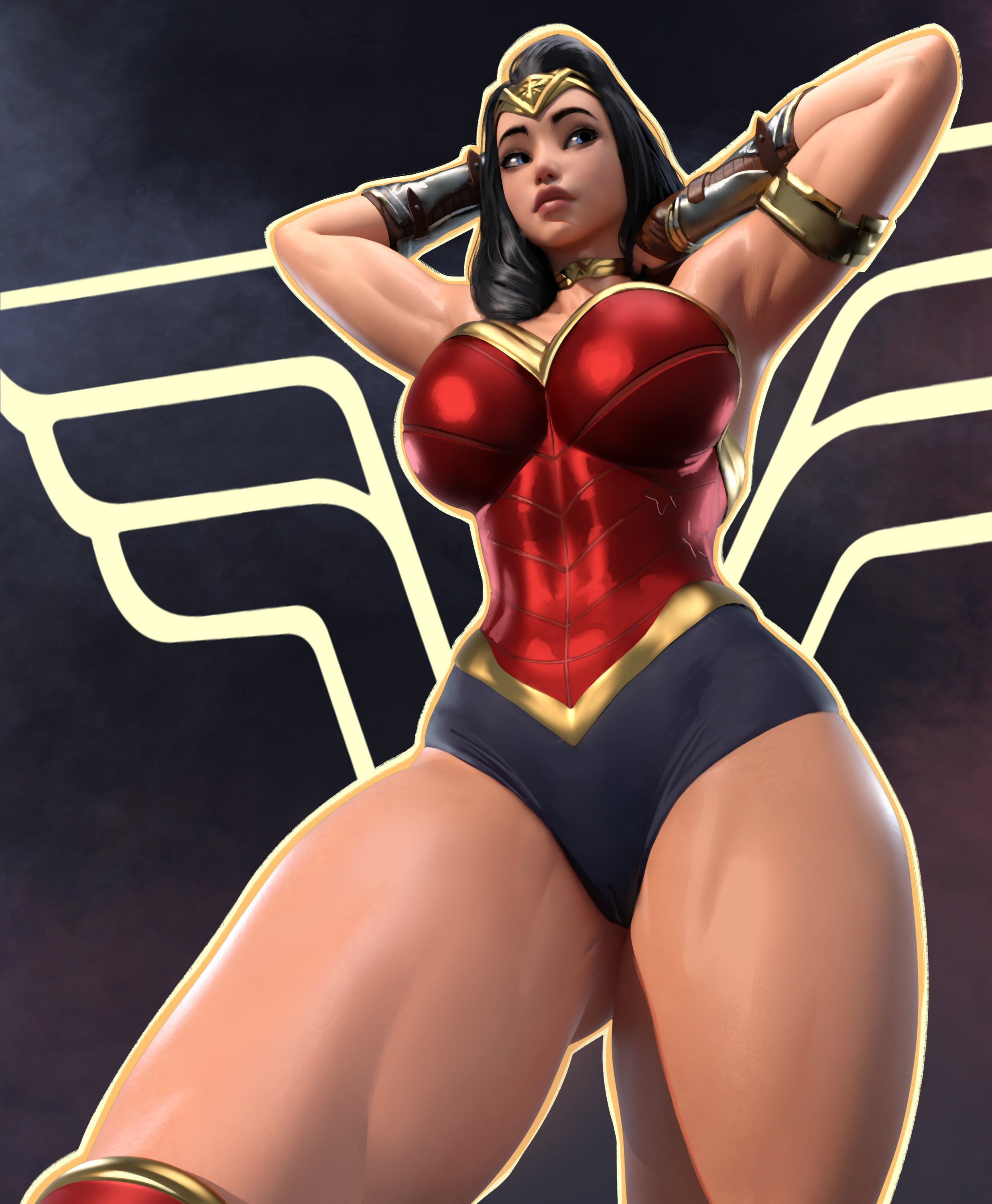 1girls, athletic, athletic female, big breasts, breasts, dc, dc comics, diana prince, female, female only, fully clothed, large breasts, muscular, muscular female, popogori, solo, thick thighs, wide hips, wonder woman, wonder woman (series)