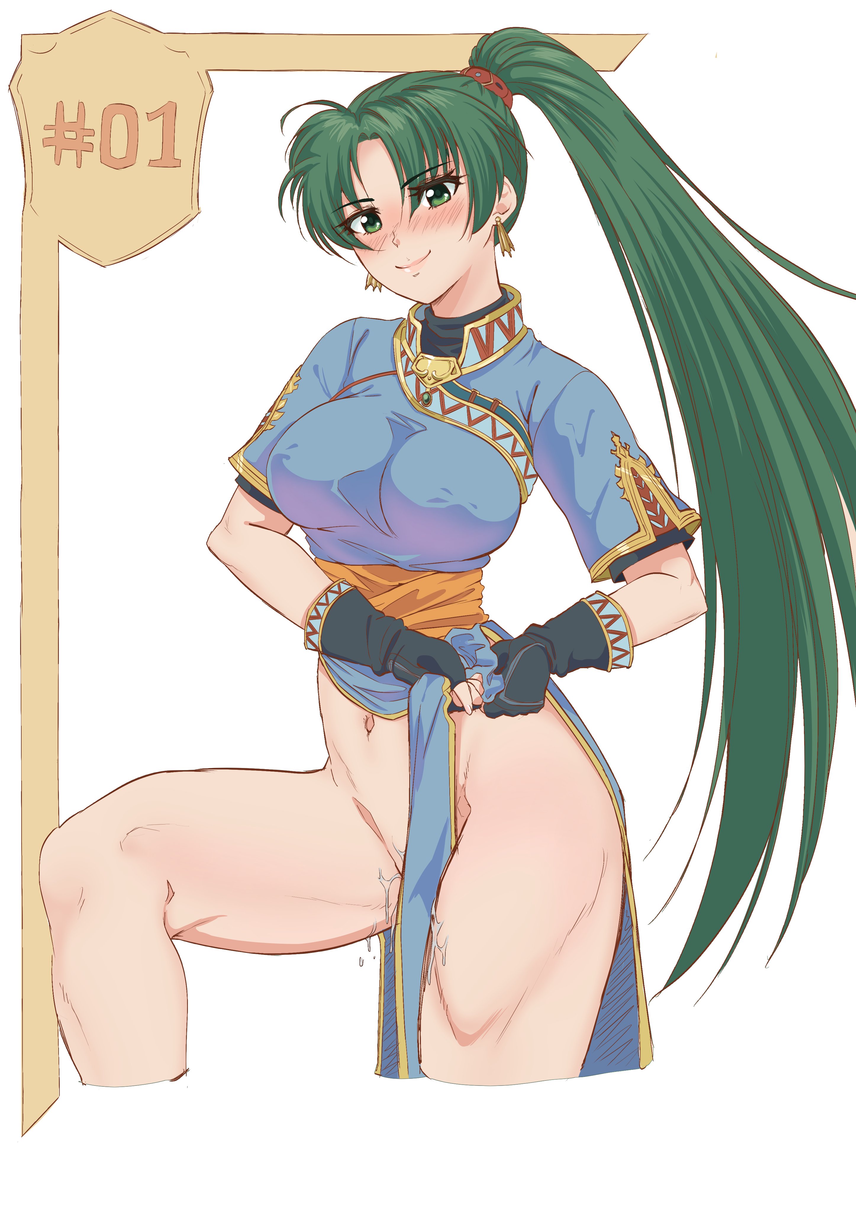 1girls, bare thighs, blush, breasts, covered nipples, earrings, fefex, female, female only, fingernails, fire emblem, fire emblem: the blazing blade, gloves, green eyes, green hair, large breasts, long hair, looking at viewer, lyn (fire emblem), nintendo, pelvic curtain, ponytail, pussy, pussy juice, rs40uchiha, short sleeves, smile, solo, thighs, very long hair