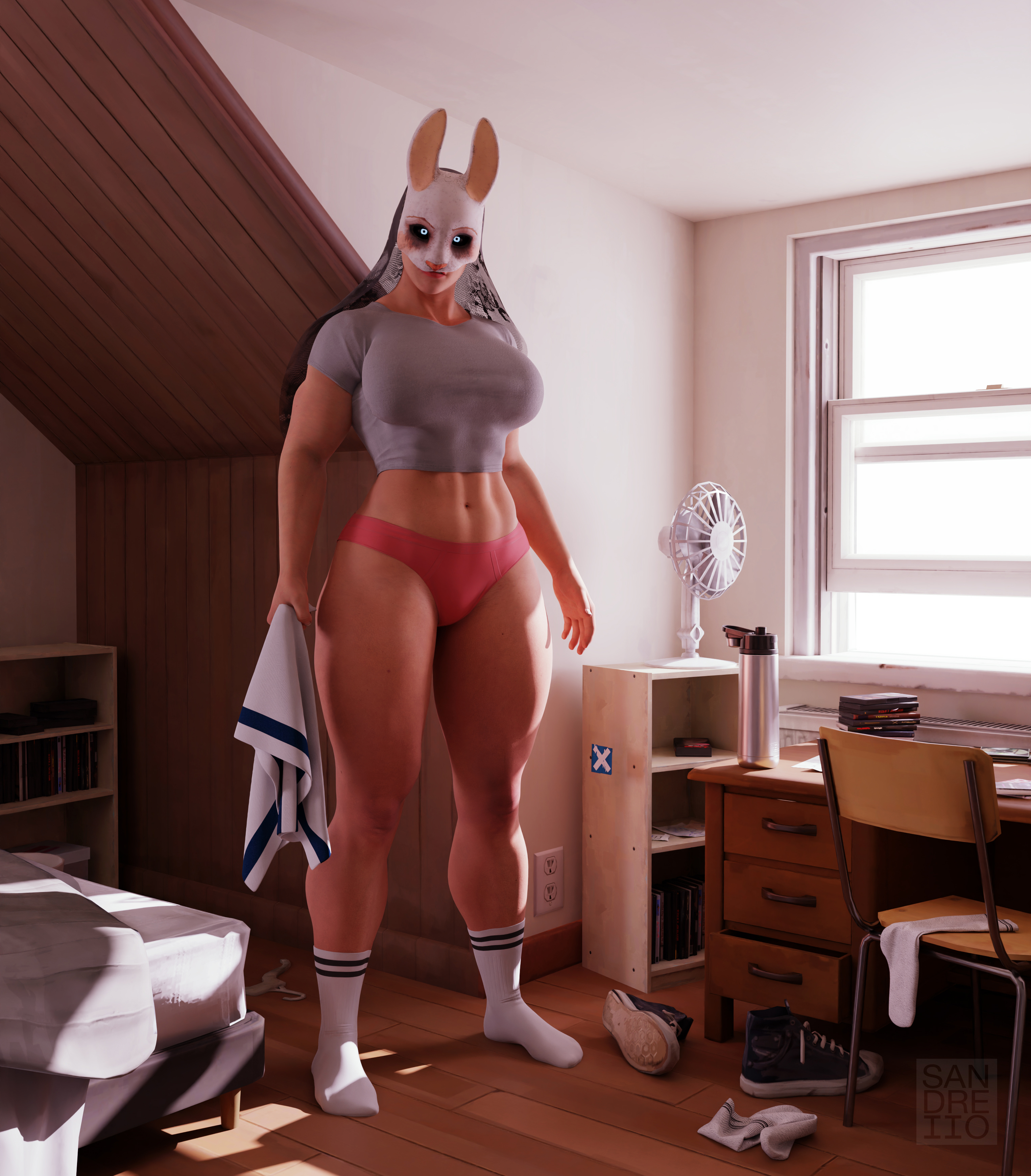 3d, abs, bed, bedroom, dbd, dead by daylight, female, huntress (dead by daylight), long legs, muscular, muscular female, no pants, panties, pantless, sandreiio, shirt, socks, solo, solo female