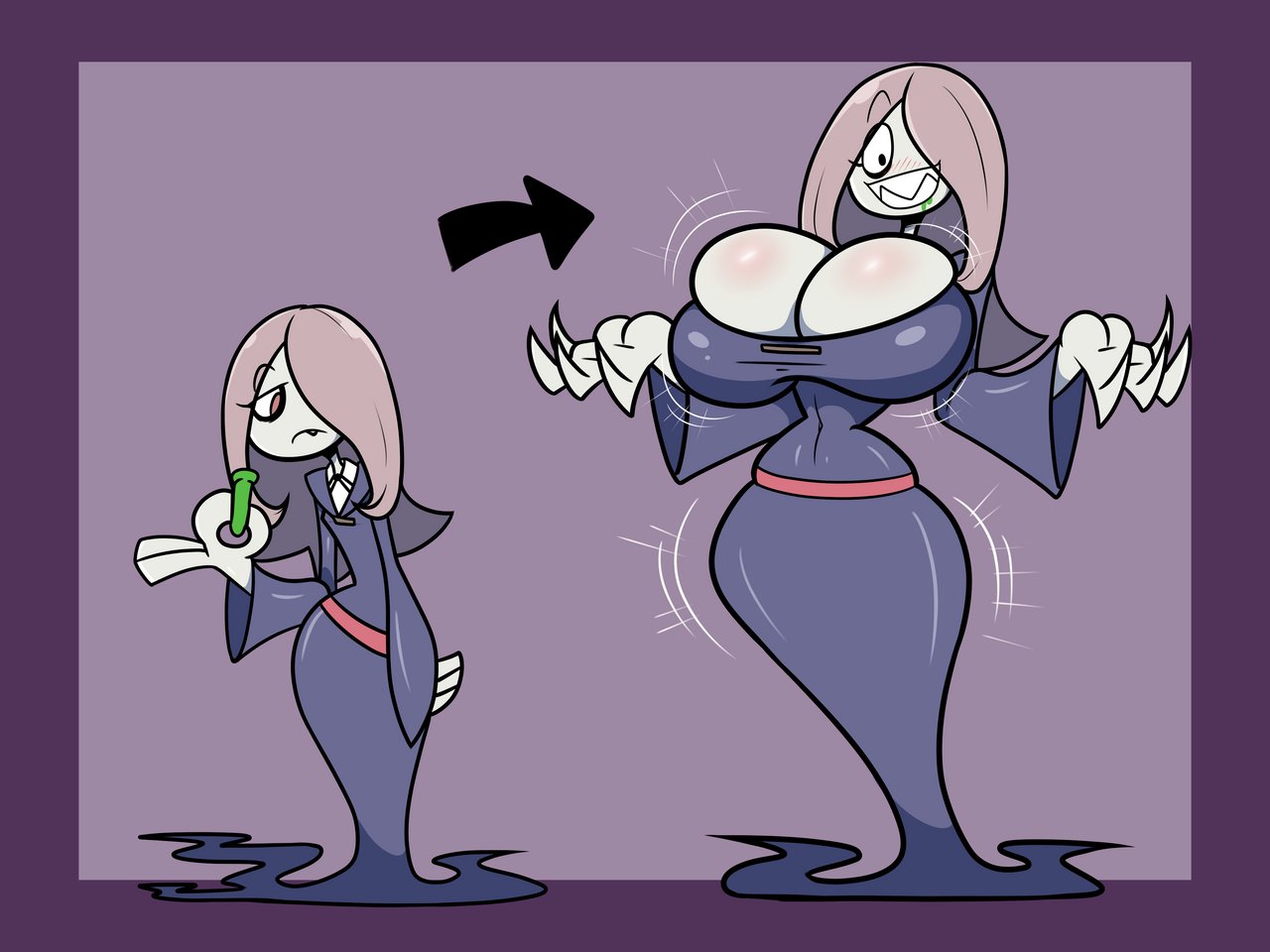 1girls, age progression, big breasts, breast expansion, breast growth, breast growth (enlargement), breasts, brown hair, cleavage, dress, expansion, eyebrows, eyelashes, female, female only, fujiweeb, grey body, grey skin, large breasts, little witch academia, solo, solo female, solo focus, sucy manbavaran, thick thighs, thighs, transformation, vial, wide hips, witch