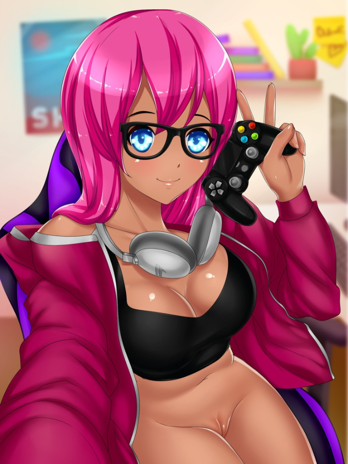 busty_biz female gamer_girl glasses long_hair pink_hair rose_(busty_biz)