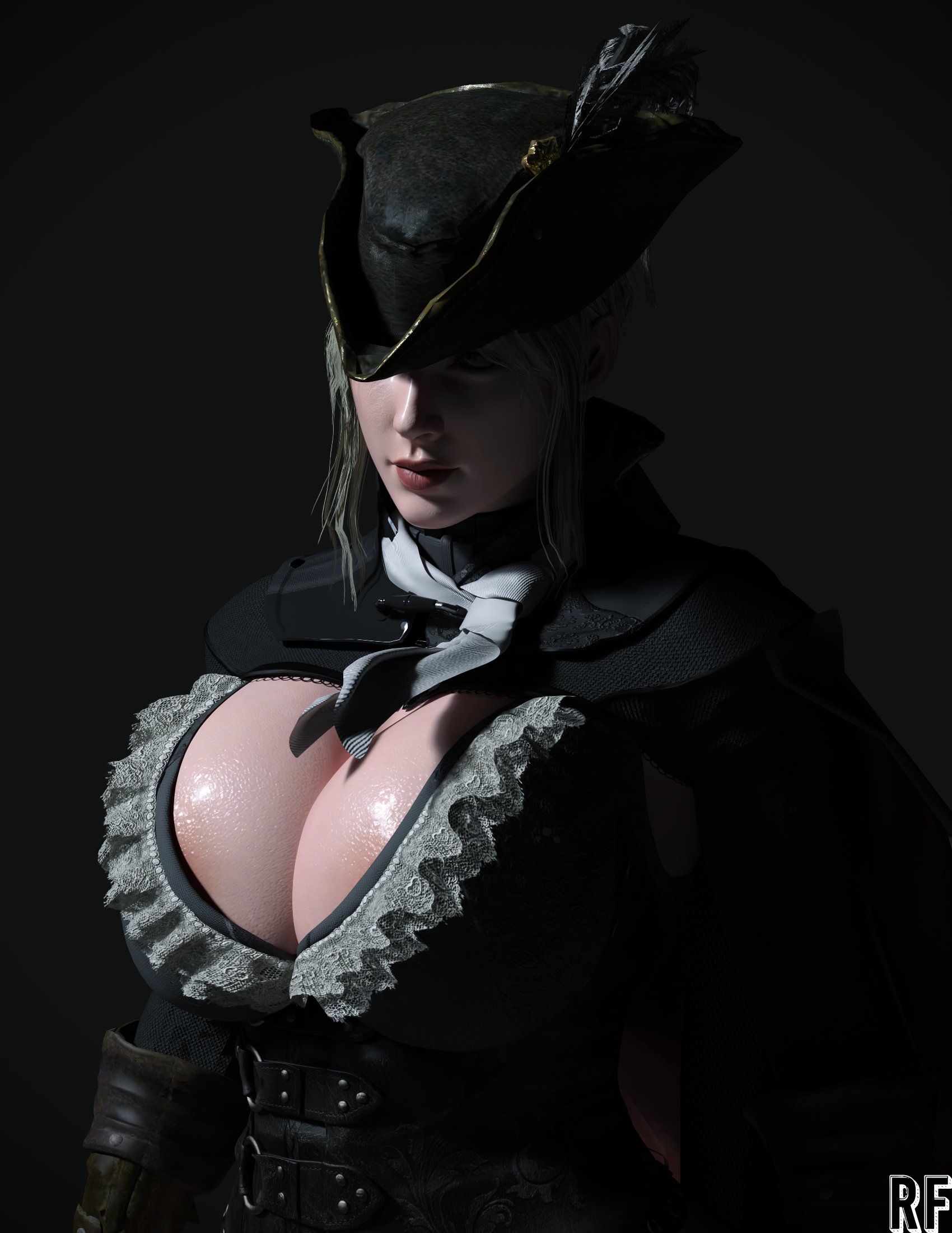 1girls, 3d, bloodborne, breasts, cleavage, female, female only, hi res, lady maria of the astral clocktower, large breasts, light skin, light-skinned female, looking at viewer, rude frog, solo, tricorne