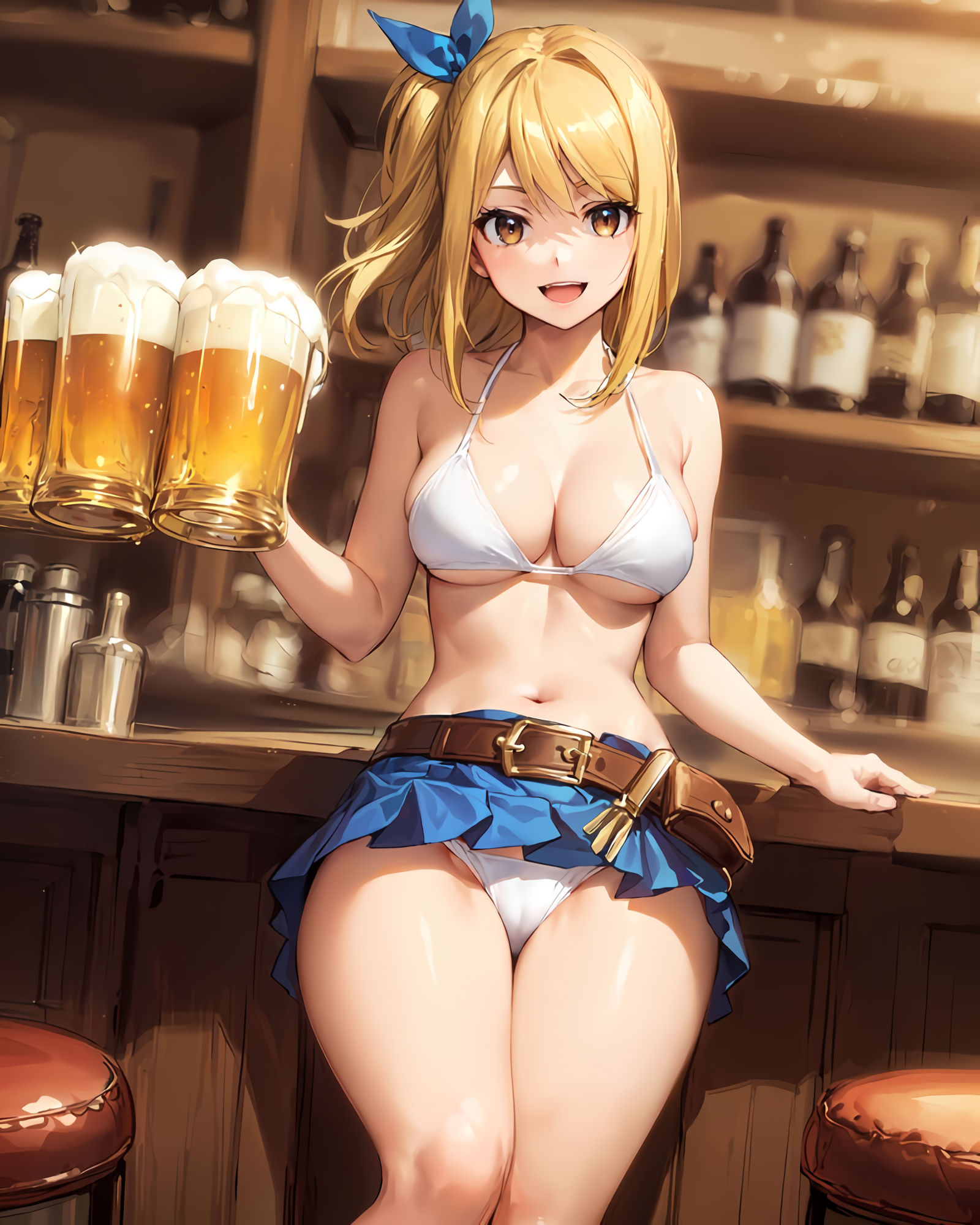 ai generated, beer, big breasts, blonde hair, blue skirt, breasts, brown eyes, cleavage, cute, fairy tail, female, female only, huge breasts, jordan53, lace-trimmed panties, lucy heartfilia, panties, restroom, skirt, skirt lift, small panties, smile, stable diffusion, thick thighs, upskirt, white bra, white panties