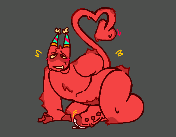 banban (garten of banban), claws, cumming, demon tail, fur, garten of banban, heart-shaped tail, male, male only, party hat, red body, red fur, solo male, sweat, sweatdrop, sweating, vein