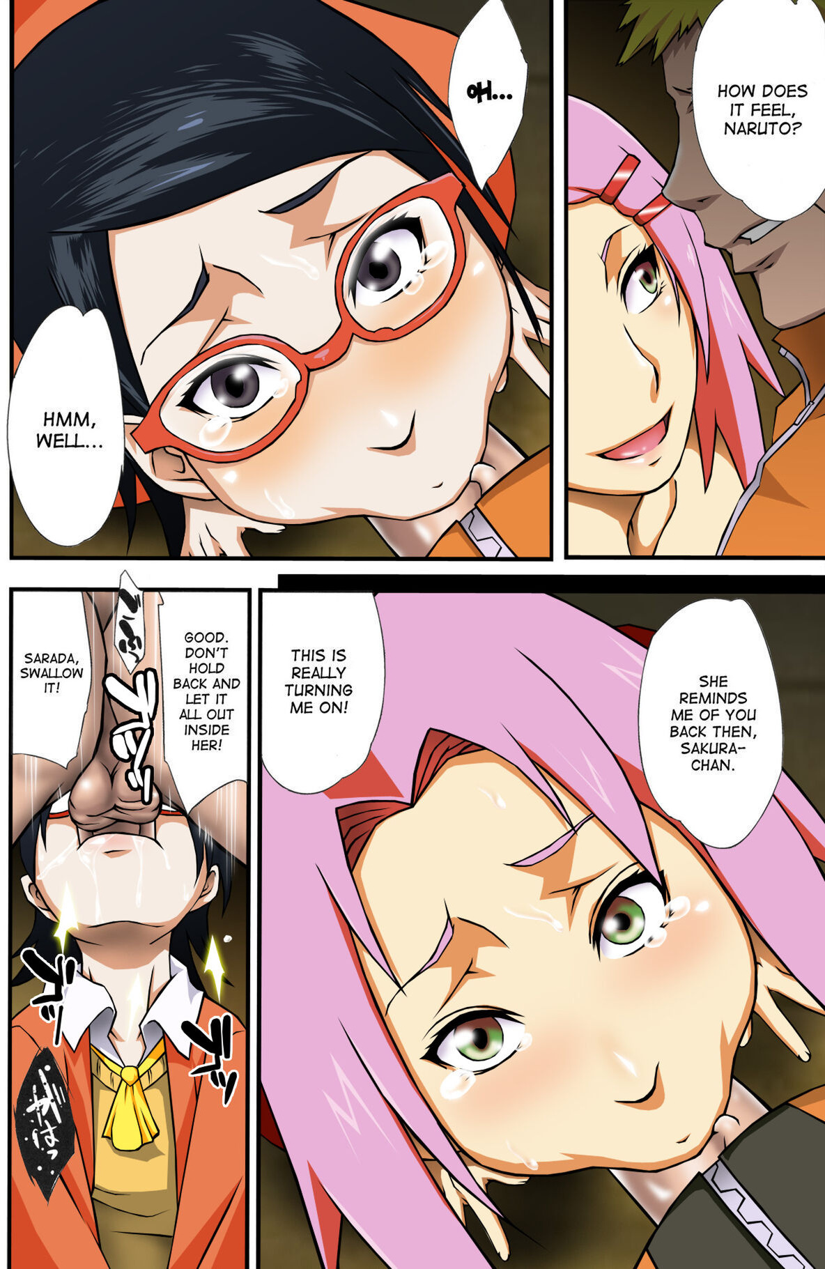 :>=, 1boy, 2girls, adult and teenager, age difference, all the way to the base, bad parenting, balls, balls deep, big penis, black hair, blowjob, blush, boruto: naruto next generations, cheating, cheating wife, comic, command to swallow, crying, cute, deepthroat, deepthroat training, drooling, english text, eye contact, female, glasses, gulp, human, imminent throatpie, innocent, kneeling, kneeling oral position, looking at viewer, male, male pov, mother and daughter, motion lines, multiple females, multiple girls, naruto, naruto (series), netorare, ntr, older male, older on younger, oral, parental approval, penile, penis, penis in mouth, petite, pink hair, pov, pov crotch, sakura haruno, saliva, sarada uchiha, school uniform, schoolgirl, short hair, skinny, slim, sucking, sucking penis, sunahara wataru, swallowing penis while deepthroat, sword swallowing position, teaching, tears, teenage female, teenager, testicles, text, throat bulge, thrusting, tight throat, uzumaki naruto, veiny penis, young, younger female