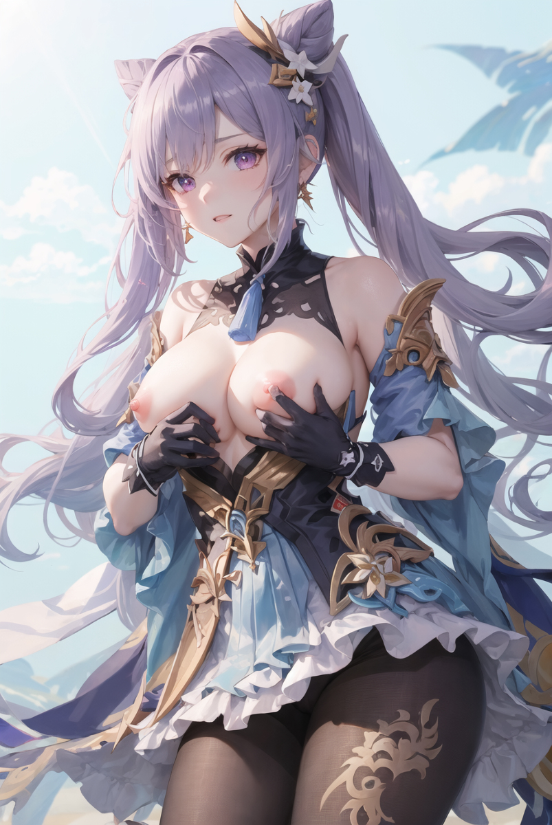 1girls, ai generated, breasts, female, female only, genshin impact, hair horns, keqing (genshin impact), nipples, purple hair, solo, solo female, stable diffusion, tagme, tied hair