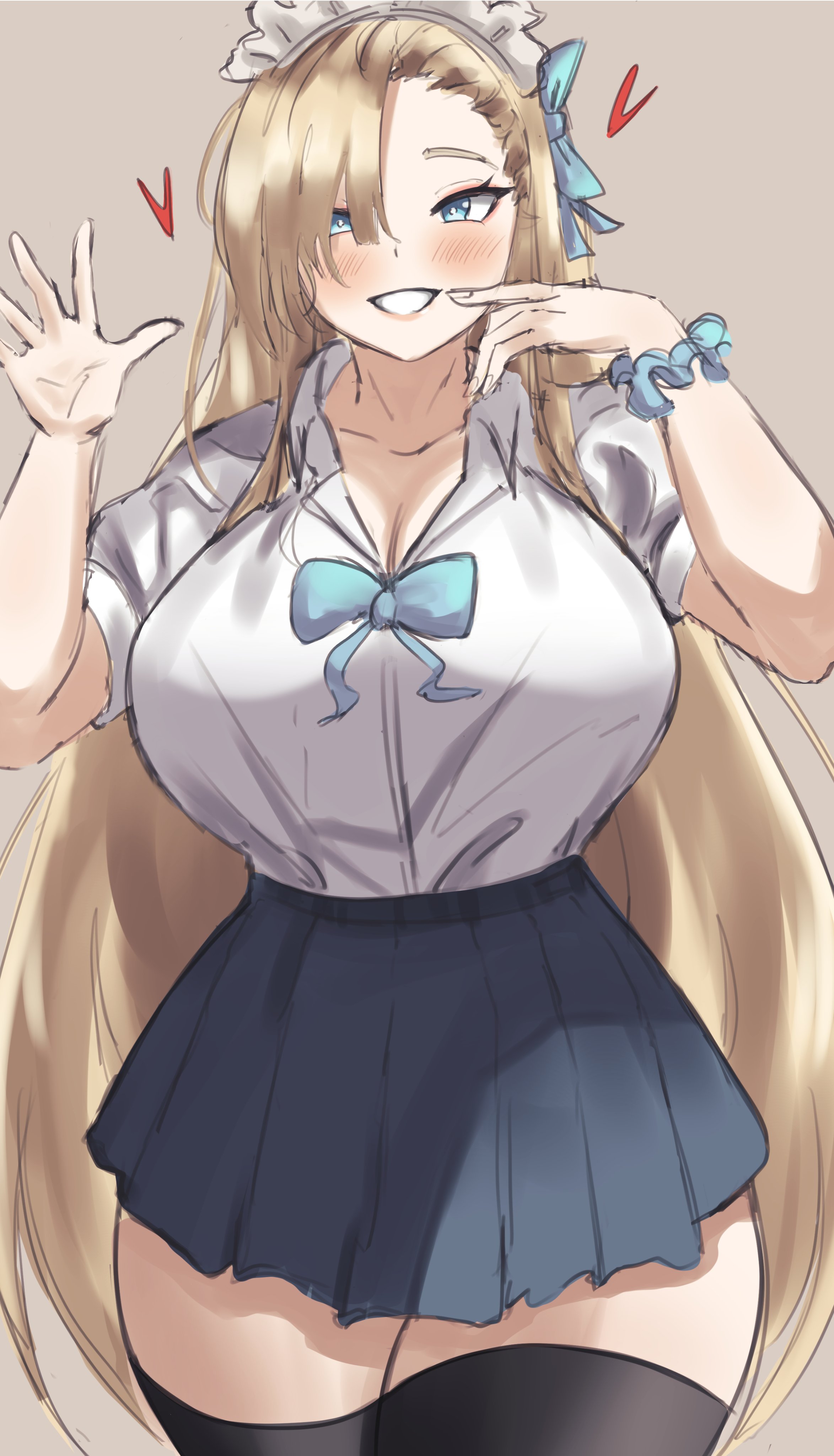 1girls, 2023, absurd res, asuna (blue archive), big breasts, black thighhighs, blonde hair, blue archive, blue eyes, blush, breasts, female, female only, heart, long hair, looking at viewer, nyapii, school uniform, skirt, smiling, smiling at viewer, solo, teeth showing, thighhighs