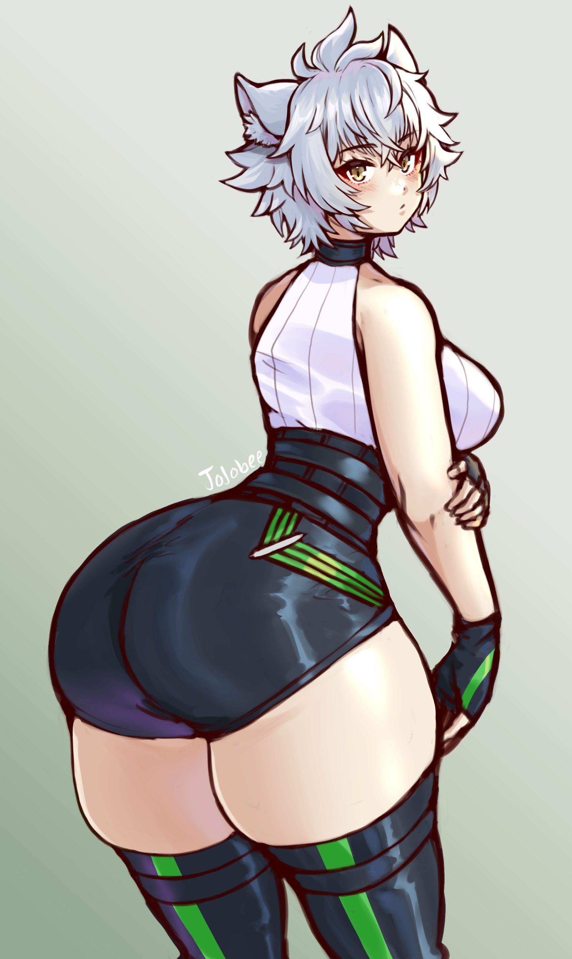 1girls, 2023, ass, bottom heavy, cat ears, cat girl, catgirl, female, female only, huge ass, jojoniumart, looking at viewer, looking back, looking back at viewer, na'el (xenoblade), nintendo, ribbed sweater, short hair, solo, thick ass, thick thighs, thigh squish, thighs, very high resolution, white hair, xenoblade (series), xenoblade chronicles 3, xenoblade chronicles 3: future redeemed