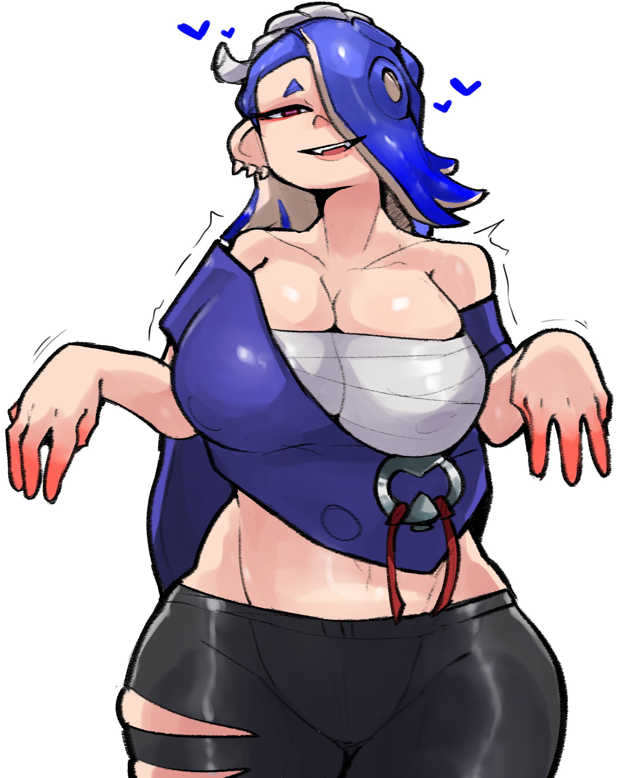 1girls, alternate breast size, blue hair, breasts, clothed, female, hair over one eye, horu, large breasts, light skin, light-skinned female, naughty face, nintendo, octoling, red eyes, shiver (splatoon), smile, splatoon, splatoon 3, tentacle hair, thick thighs, wide hips