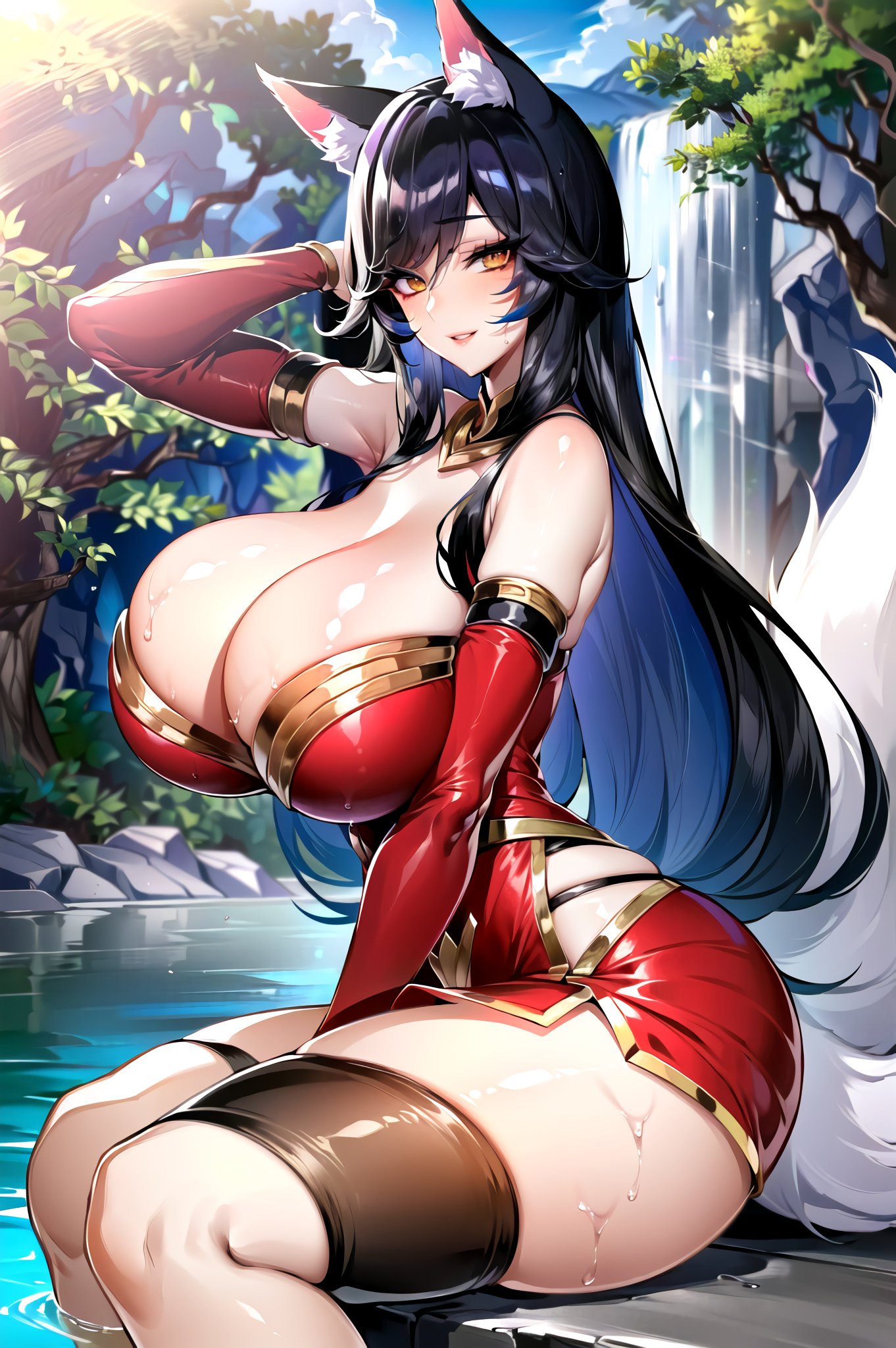 1girls, 9 tails, ahri, ai generated, breasts, curvaceous, curvy body, female, fox, fox ears, fox girl, fox tail, high resolution, huge breasts, league of legends, long hair, multi tail, nine tailed fox, solo female, stable diffusion, vastaya
