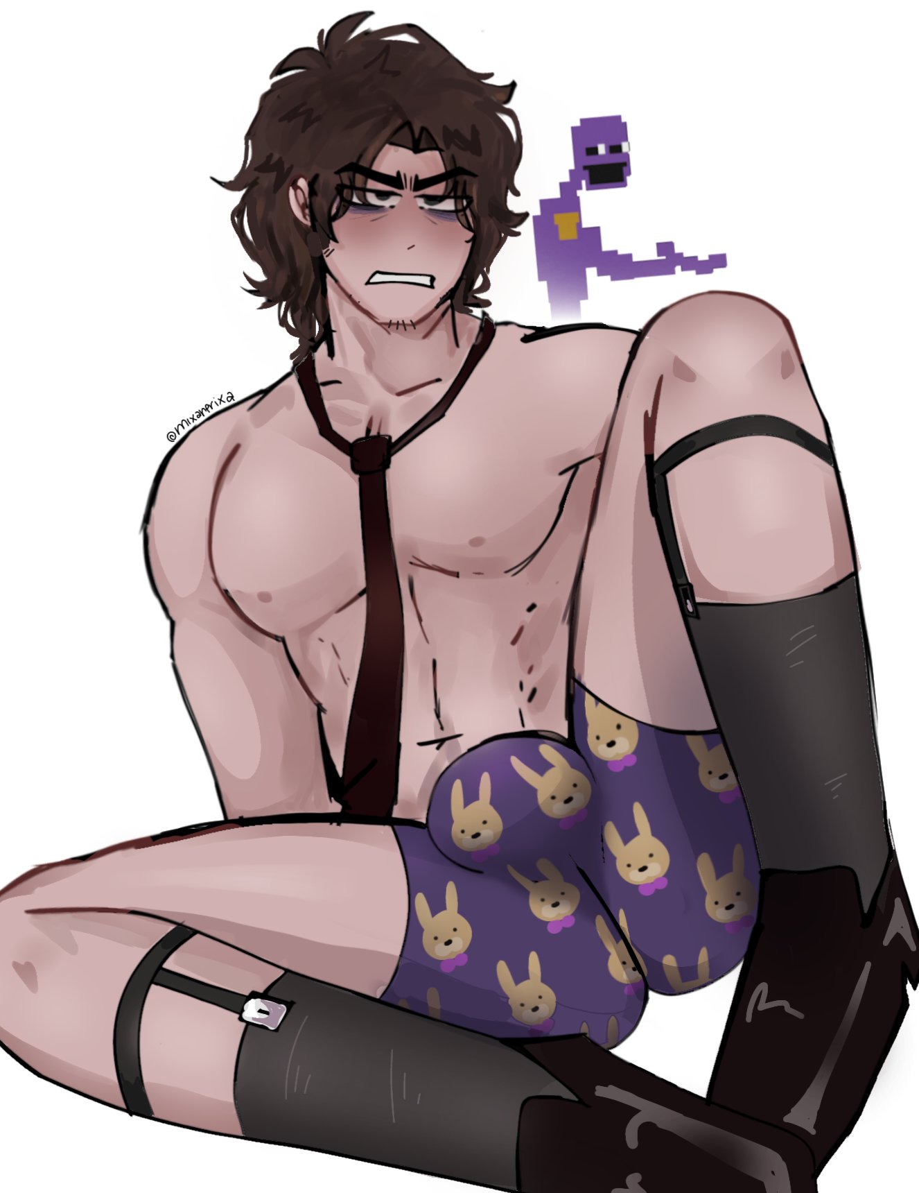 abs angry_face balls bara blush brown_hair five_nights_at_freddy's gay male_focus male_only mixanprixa muscular_male pale_skin partially_clothed pecs purple_guy_(fnaf) shoes socks solo solo_male tie underwear william_afton