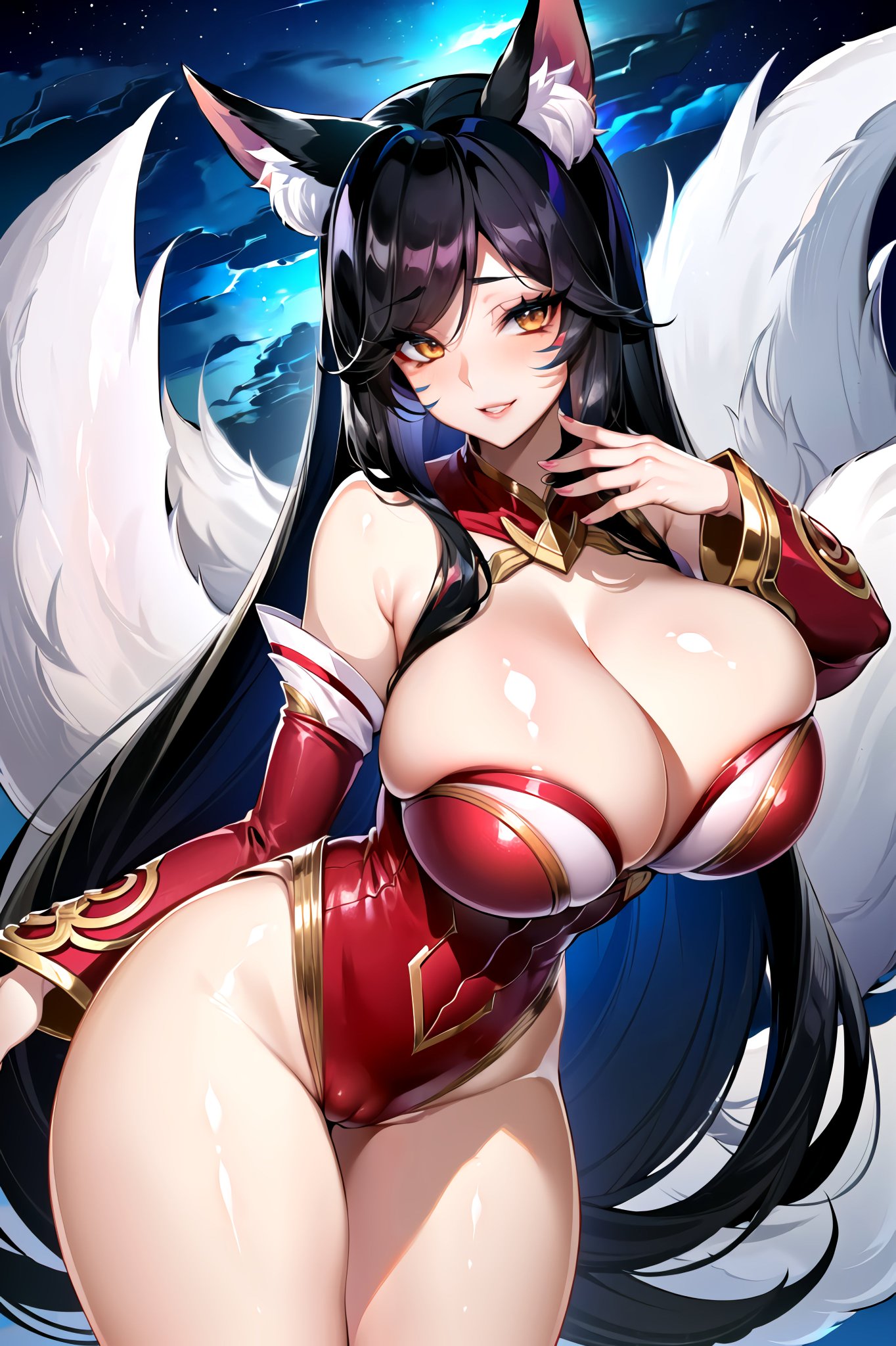 1girls, 9 tails, ahri, ai generated, breasts, curvy body, curvy female, curvy figure, female, female focus, female only, hi res, huge breasts, league of legends, looking at viewer, multi tail, nine tailed fox, seductive look, stable diffusion, vastaya, voluptuous, voluptuous female