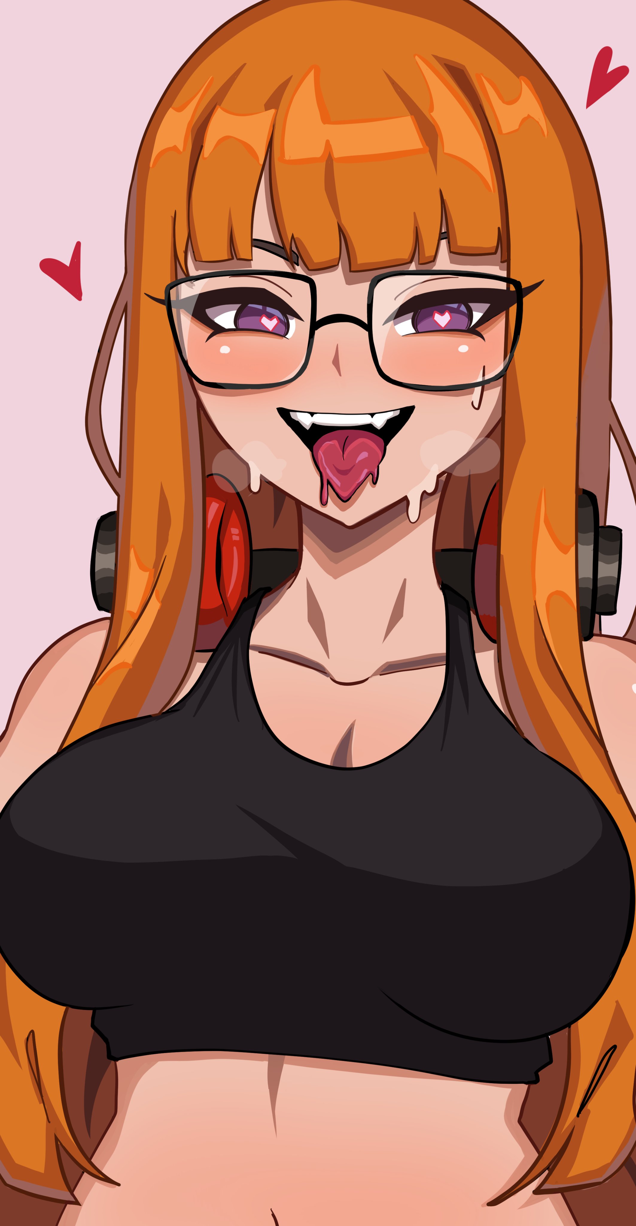 1girls, 2023, absurd res, blush, female, female only, glasses, heart, heart-shaped pupils, long hair, looking at viewer, nyapii, open mouth, orange hair, persona, persona 5, purple eyes, sakura futaba, smiling, smiling at viewer, solo, solo focus, tongue, tongue out, voluptuous