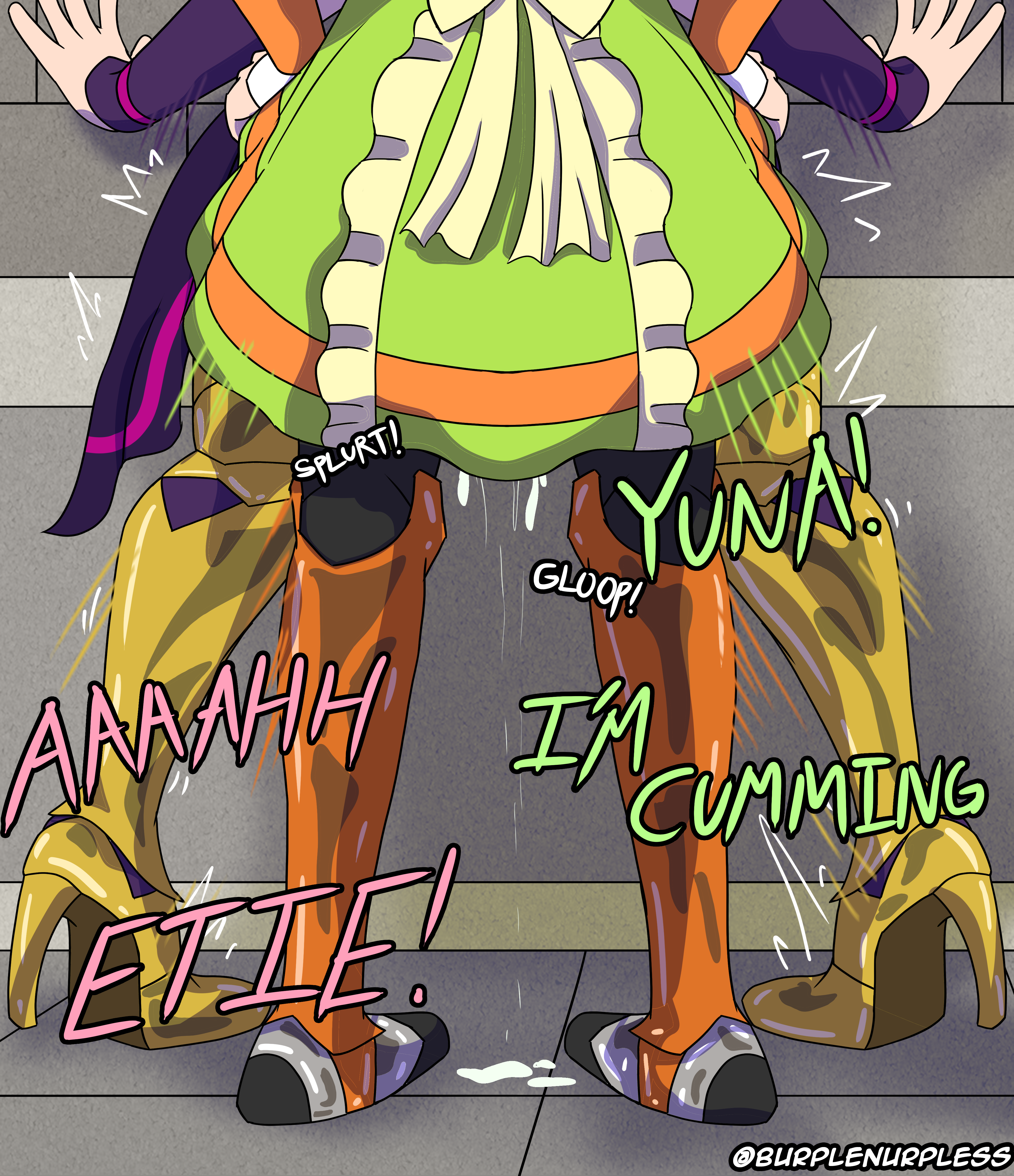 1futa, 1girls, against wall, arm support, armor, ass, ass grab, back, back view, bodysuit, boots, burplenurpless, clothed, clothing, cum, cum in pussy, cum inside, cumdrip, dress, duo, ejaculation, english text, etie (fire emblem), female, female ejaculation, fire emblem, fire emblem engage, fucked silly, futa on female, futanari, high heels, human, intersex, leaning forward, light skin, light-skinned female, light-skinned futa, lower body, mostly clothed, motion lines, nintendo, orgasm, pantyhose, pussy, pussy juice, pussy juice drip, rough sex, sex, sound effects, standing, standing sex, text, vaginal penetration, wall, yunaka (fire emblem)
