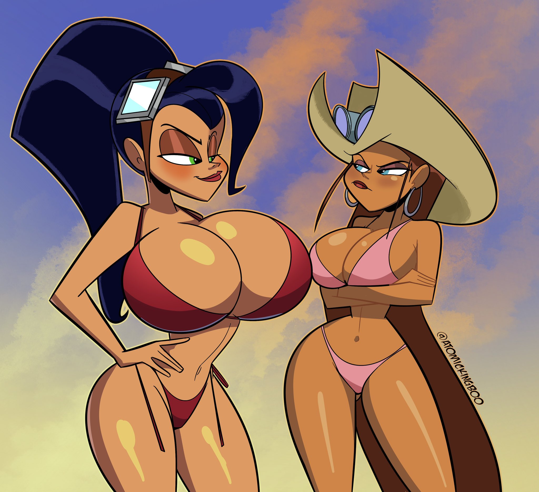 2023, 2girls, atomickingboo, beach, big hair, breasts, cactus rose, cowboy hat, cropped legs, dark skin, dark-skinned female, female, freaky flyers, green eyes, hands on hips, hoop earrings, huge breasts, large breasts, multiple females, multiple girls, original, outline, pink bikini, red bikini, standing, traci torpedoes, very long hair