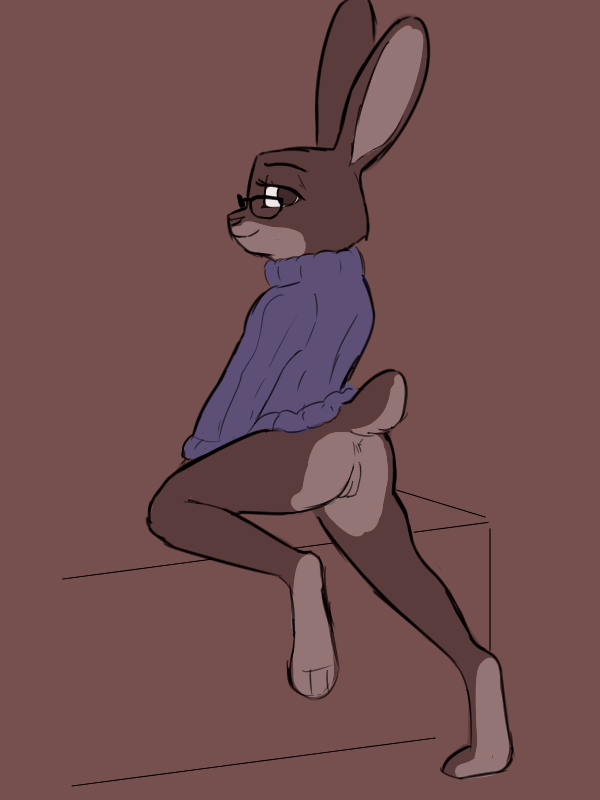 anthro anus ass bottomless clothed clothing disney eyewear female genitals glasses lagomorph leporid mammal presenting presenting_hindquarters pussy rabbit simple_background solo sweater tggeko topwear violet_hopps zootopia