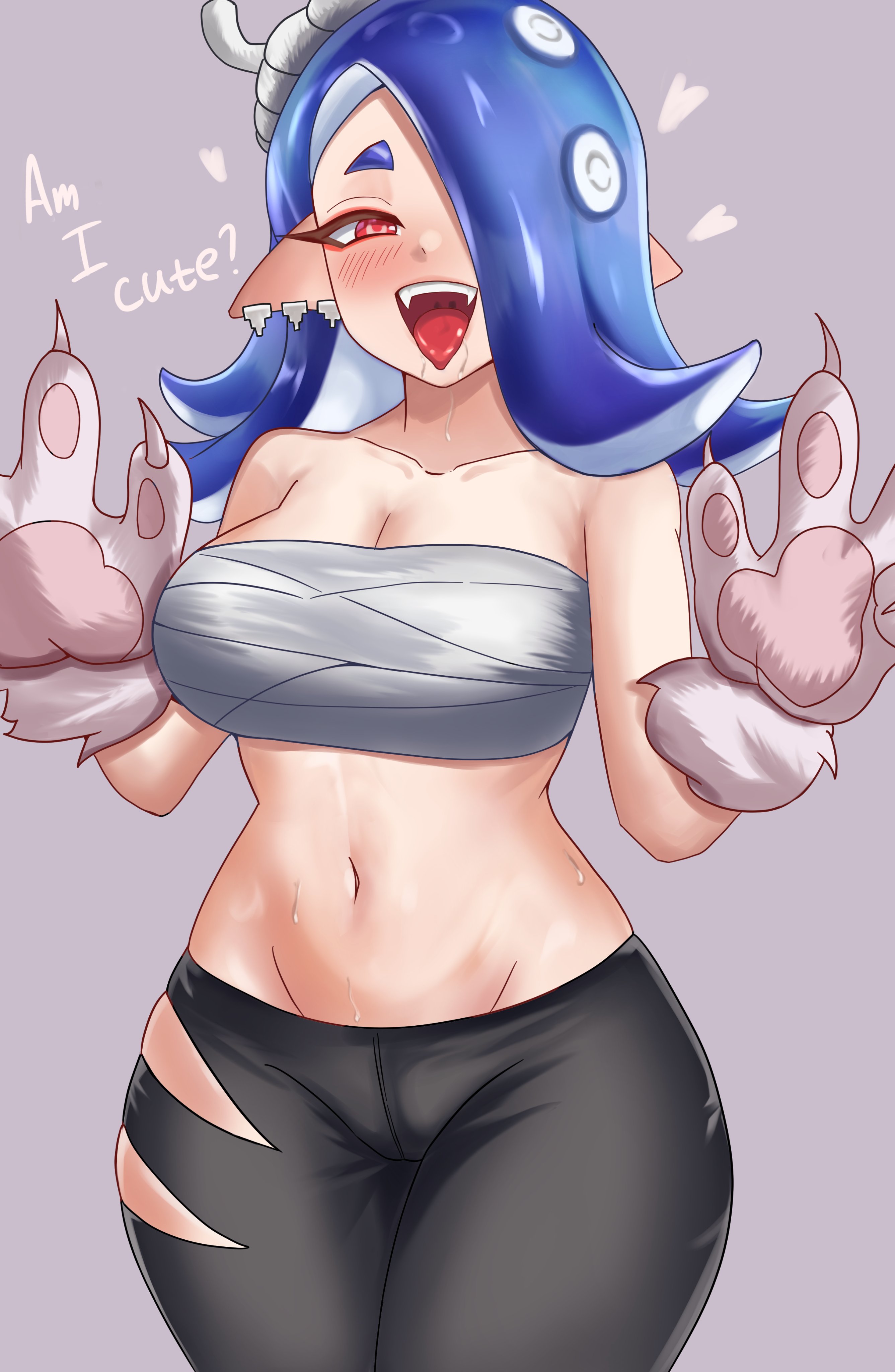 1girls, 2022, absurd res, bandaged chest, blue hair, blush, cat paws, dialogue, english text, fangs, female, female only, hair over one eye, looking at viewer, nintendo, nyapii, octoling, octoling girl, open mouth, pointy ears, red eyes, shiver (splatoon), simple background, smiling, smiling at viewer, solo, splatoon, splatoon 3, talking to viewer, tentacle hair, tongue, tongue out, voluptuous