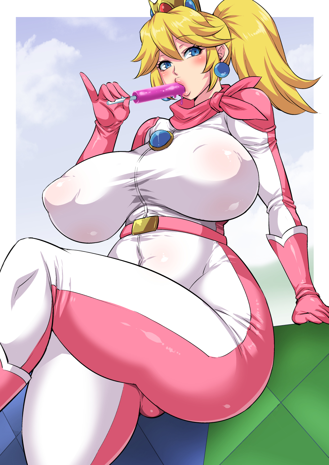 1girls, big breasts, blonde hair, bodysuit, breasts, crown, female, female only, holding popsicle, huge breasts, mario (series), musashino sekai, nipple bulge, ponytail, popsicle, princess peach, solo, super mario bros. (2023 film), tied hair, tight clothing