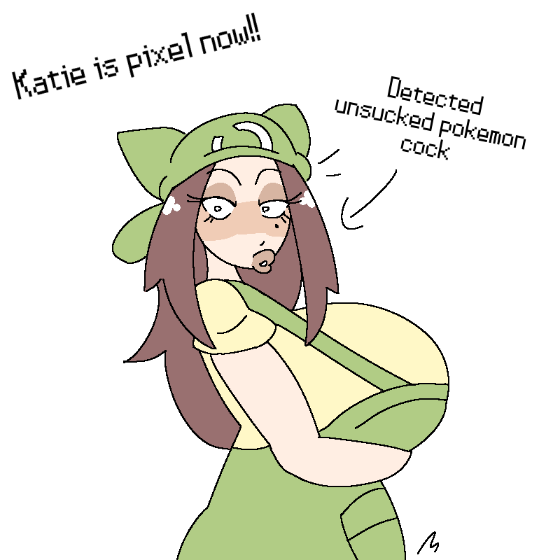 1girls beauty_mark brown_hair english_text human imminent_pokephilia imminent_sex milkbuni overalls pokemon pokemon_breeder_(pokemon) pokemon_breeder_(pokemon_xy) pokemon_breeder_katie_(milkbuni) pokemon_xy pokephilia text