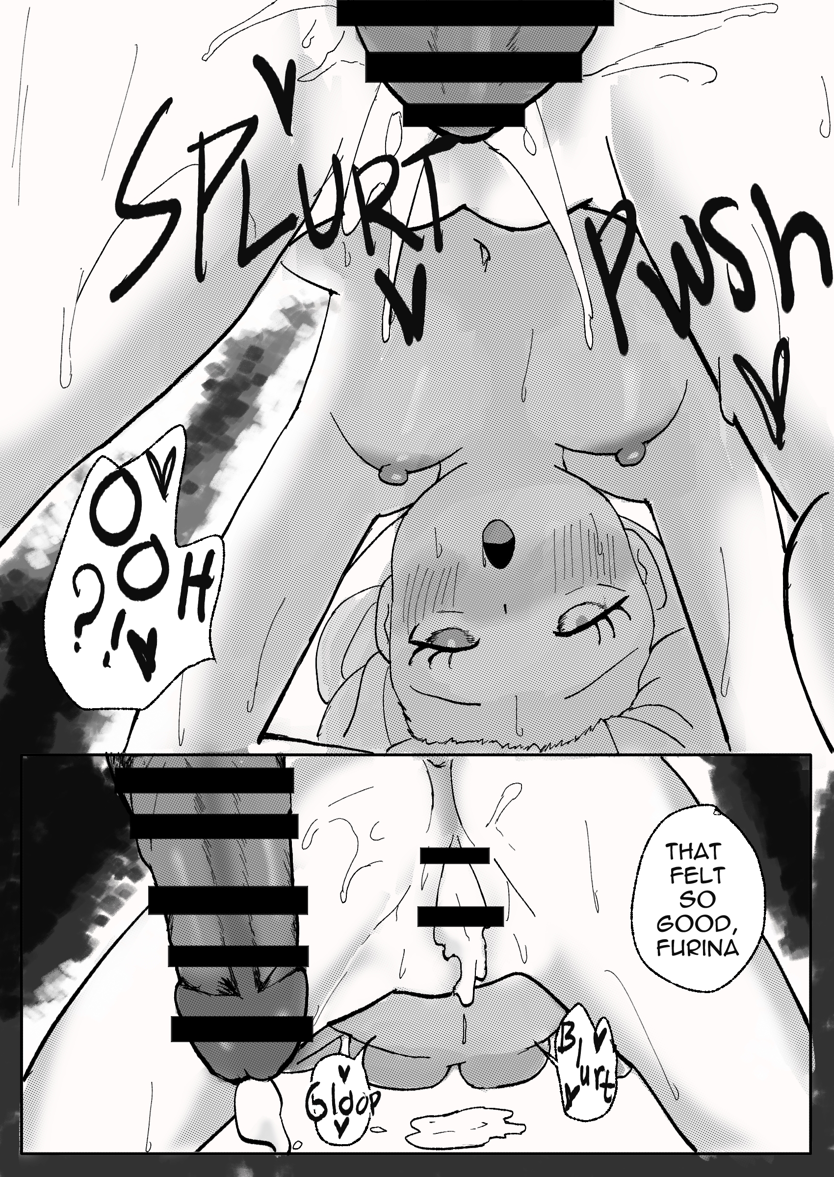 1boy, 1girls, aether (genshin impact), ahe gao, anus, bent over, breasts, censor bar, censored, comic, cum in pussy, english text, female, female penetrated, furina (genshin impact), genshin impact, male, monochrome, nipples, niwasa izuna, nude, nude female, penis, petite, pussy, sex, small breasts, straight