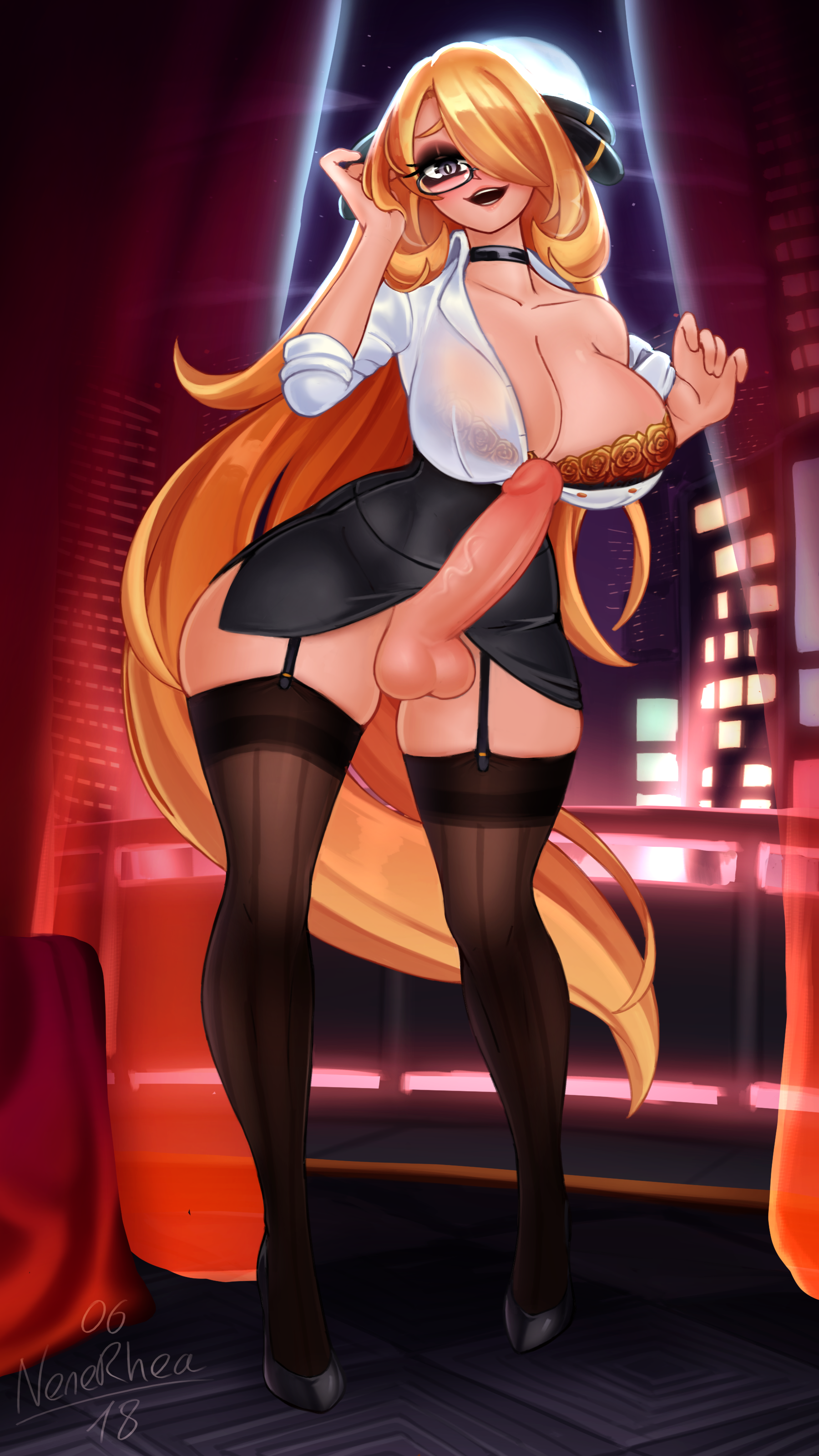 1futa, areolae, balls, blonde hair, bottomless, breasts, clothed, clothing, cynthia (pokemon), erection, futa only, futanari, garter straps, glasses, huge breasts, huge hips, human, intersex, light skin, light-skinned futa, long hair, looking at viewer, mostly clothed, nenerhea, nipples, pencil skirt, penis, penis under skirt, pokemon, pokemon dppt, shirt lift, skirt, smiling at viewer, solo, standing, thick thighs, thighhighs, wide hips