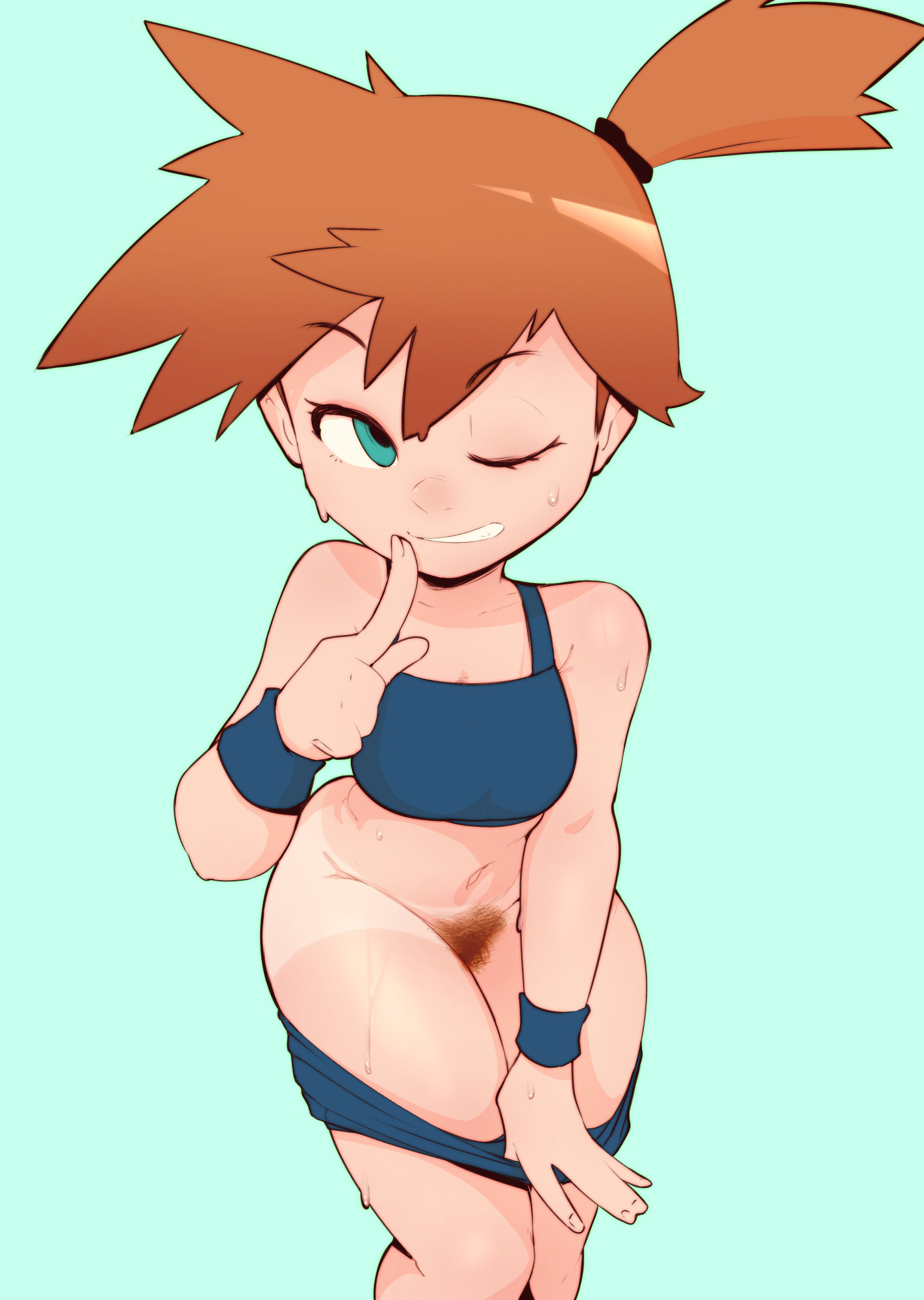 aqua background, aqua eyes, bikini, bikini pull, bikini shorts, blue bikini, blue sports bra, blush, breasts, brown hair, clothes pull, clothing, excessive pubic hair, female, female pubic hair, finger to mouth, green background, green eyes, grin, hair tie, index finger raised, kasumi (pokemon), legs together, looking at viewer, lurkin, lurkinpanda, mismatched pubic hair, misty (pokemon rgby), misty (pokemon), navel, one eye closed, orange hair, pokemon, pokemon (anime), pokemon (classic anime)misty (pokemon), pokemon rgby, ponytail, pubic hair, pulled by self, short hair, shorts, shorts pull, shushing, side ponytail, simple background, smile, solo, sports bikini, sports bra, sweat, swimsuit, tan, tankini, tanlines, undressing, wristband