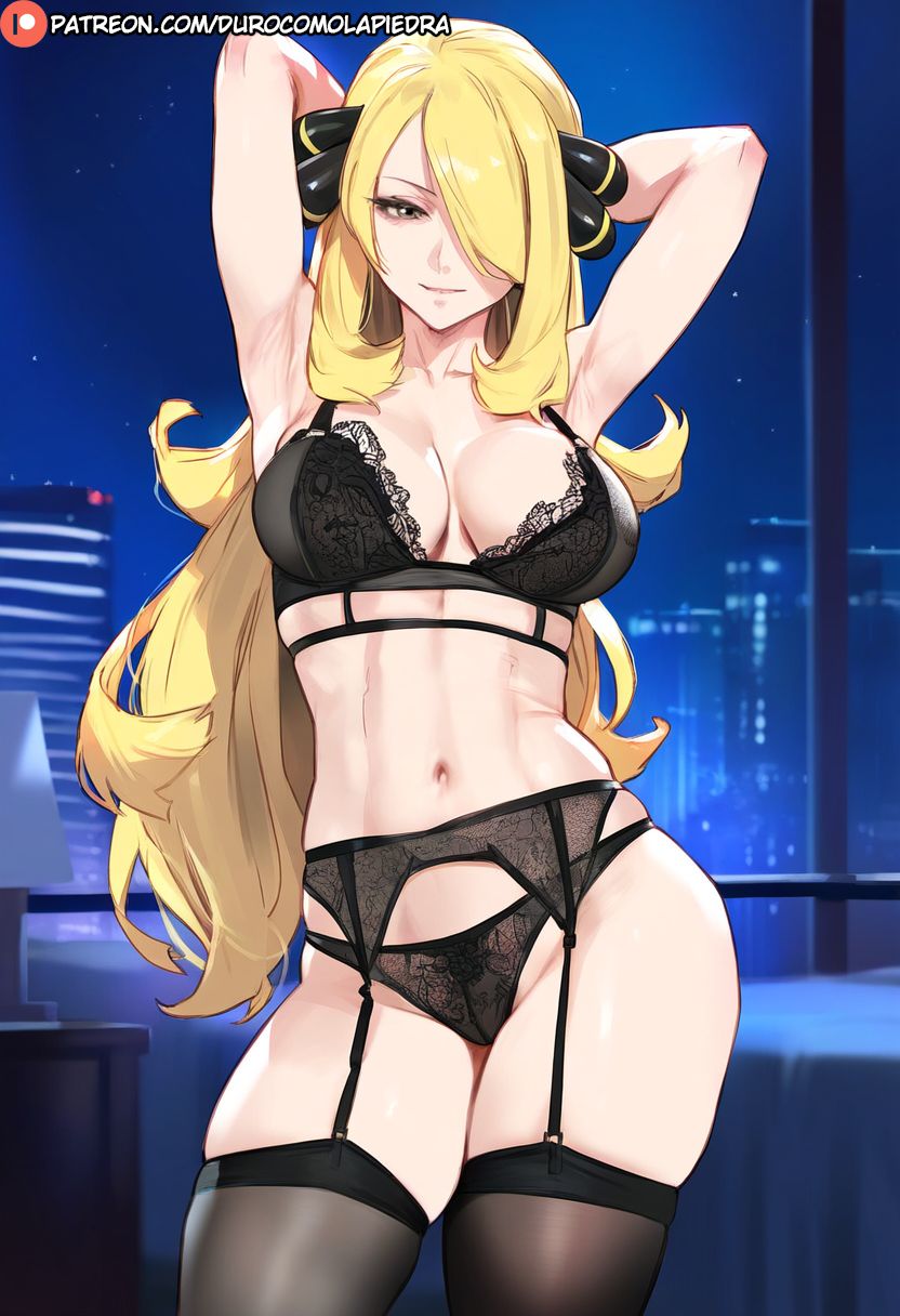 1girls ai_generated armpits arms_behind_head cynthia_(pokemon) dclp garter_belt garter_straps large_breasts lingerie pokemon standing thighhighs