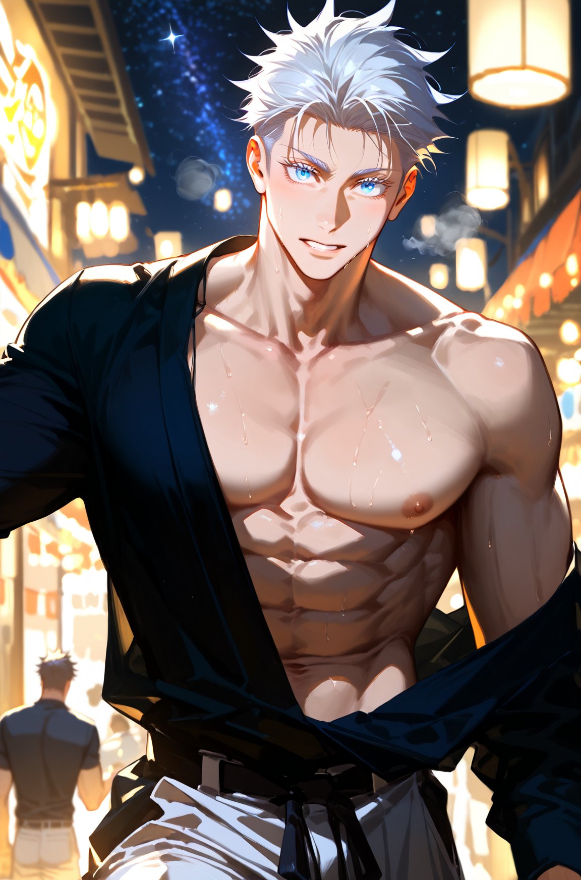 1boy abs ai_generated bara belt black_belt black_shirt blue_eyes festival goldenfieldszho japanese_clothes jujutsu_kaisen kimono large_pectorals looking_at_viewer male_focus male_only muscular muscular_male navel night night_sky nipples outdoors pants pectorals satoru_gojo shirt short_hair sky smile solo_focus sweat white_hair