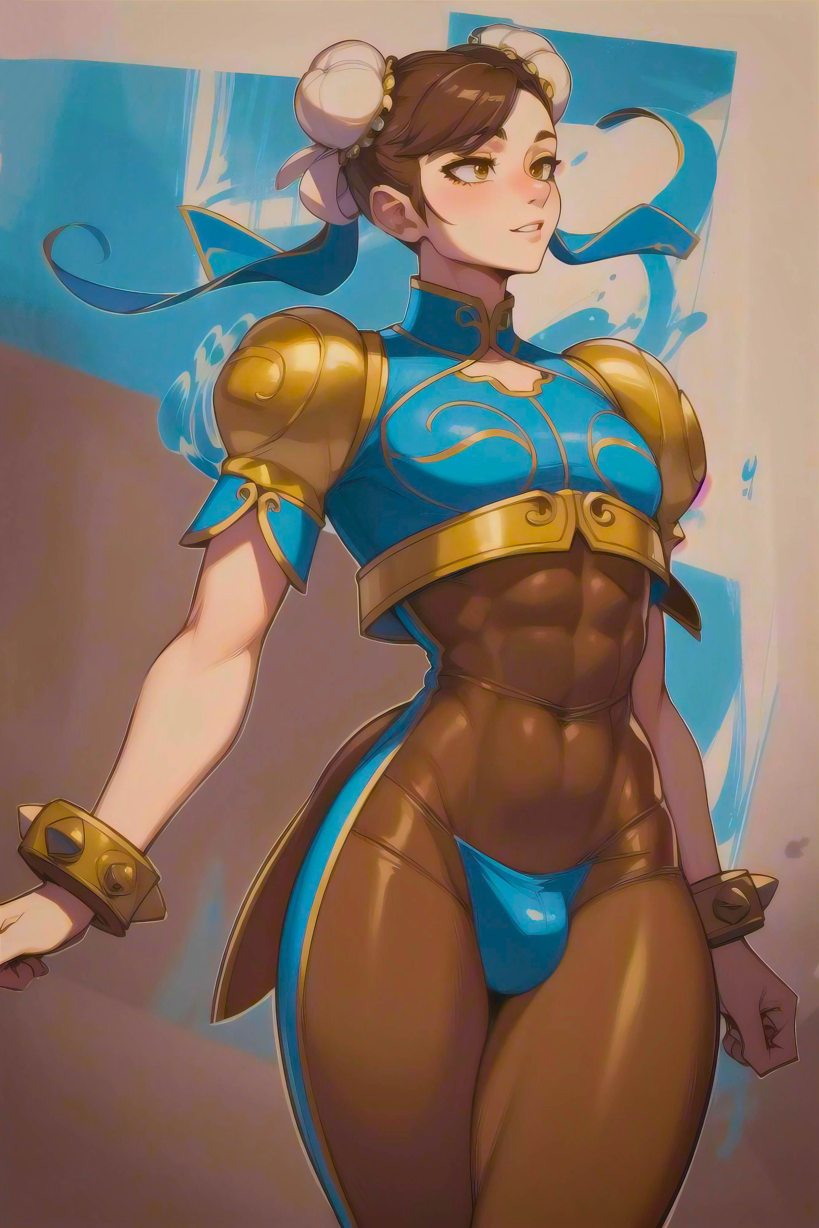 1boy, abs, abstract background, ai generated, armor, brown hair, bulge, chun-li, cute, darabri, double bun, femboy, feminine male, flat chest, gay, genderswap, genderswap (ftm), girly, logo, male, male chun-li, male only, otoko no ko, pale skin, patreon, patreon logo, penis, penis bulge, rule 63, street fighter, thick thighs, trap, yaoi