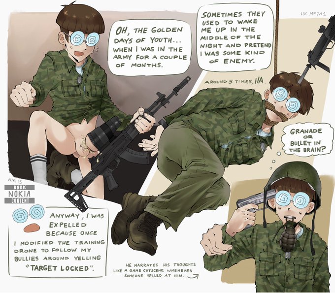 cum, cum in sex toy, cum in toy, dork nokia, fleshlight, glasses, gun, gun to head, male only, military uniform, nerdy, nerdy male, original, solo male