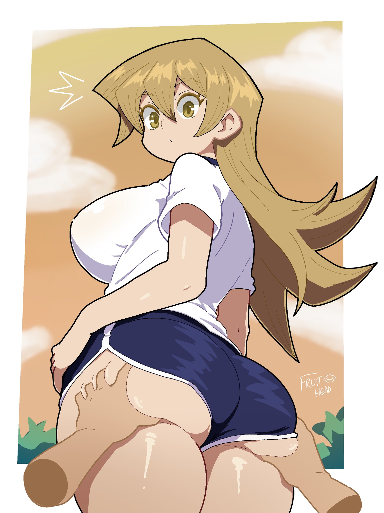 1girls, alexis rhodes, blonde hair, breasts, brown eyes, clothing, female, female only, fruitheadart, grabbing ass, healerart, hi res, huge breasts, looking at viewer, looking back, rear view, surprised, tenjouin asuka, thick legs, white background, yu-gi-oh!, yu-gi-oh! gx