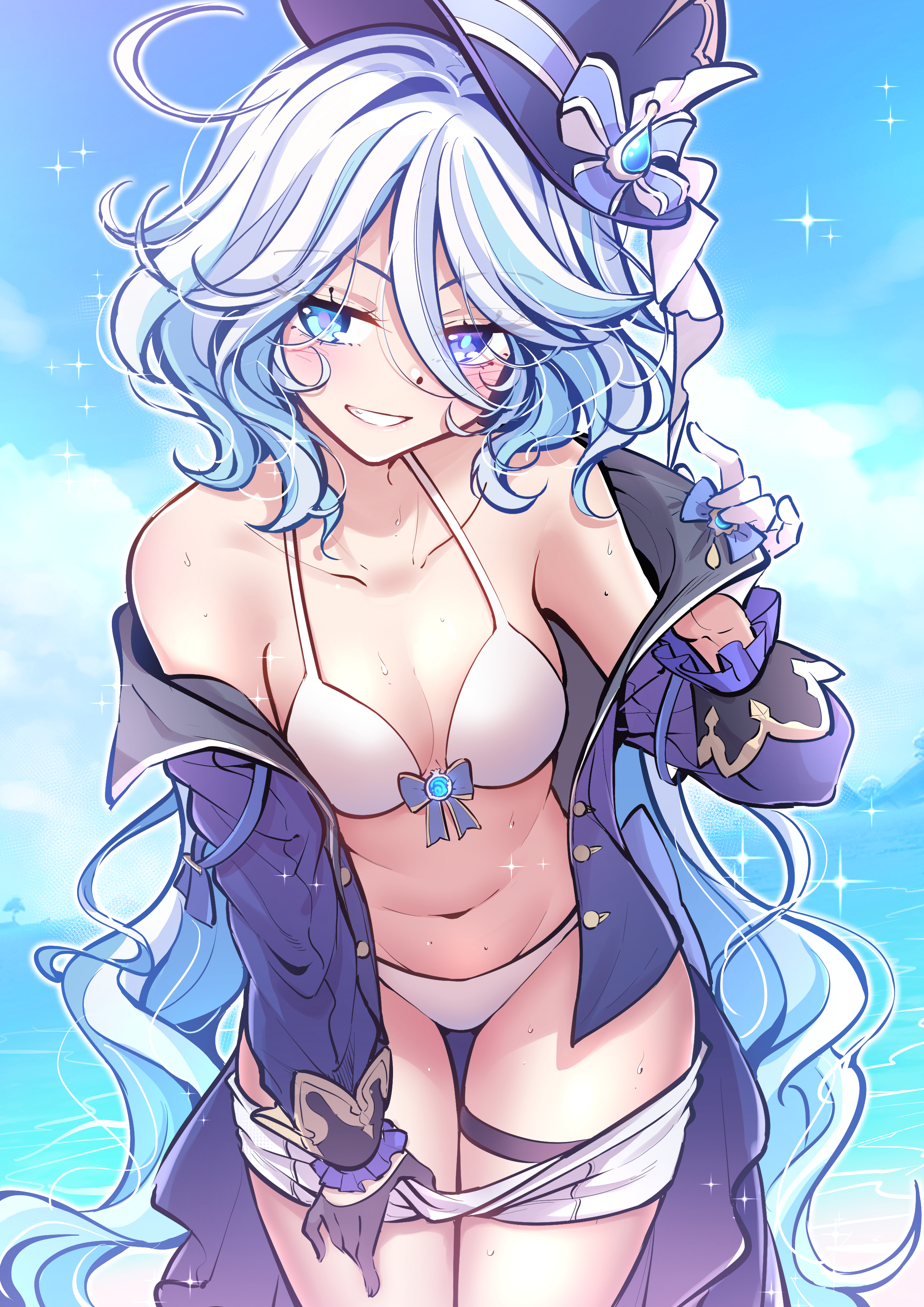 1girls, beach, bikini, blue eyes, blue hair, breasts, fei lio mao, female, female only, furina (genshin impact), genshin impact, hat, jacket, naughty face, shorts, small breasts, smile, teasing