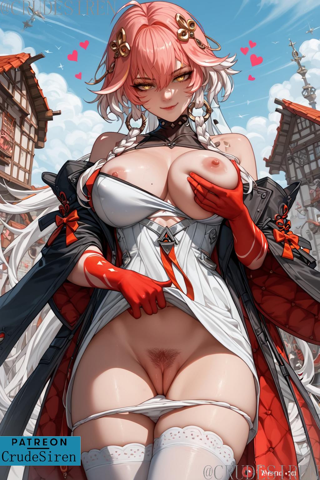 ai assisted, ai generated, breast grab, breasts, breasts out, changli (wuthering waves), cleavage, commission, dress, female, female only, gloves, hair ornament, long hair, looking at viewer, multicolored hair, panties, pants down, patreon, patreon username, pink hair, pulled by self, pussy, seductive, seductive look, seductive smile, stockings, thick thighs, white hair, wuthering waves, yellow eyes