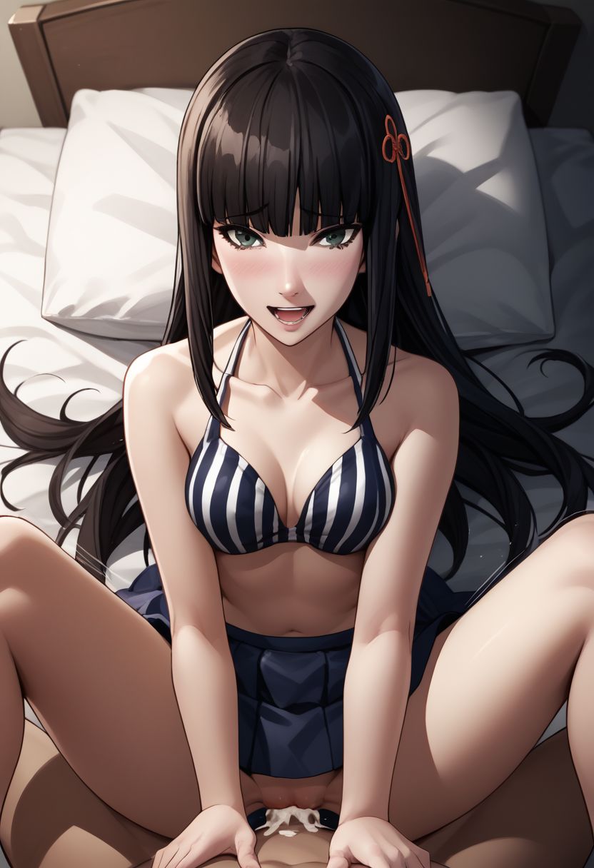 ai_generated bikini blush cum_in_pussy cum_inside embarrassed hair_ornament hifumi_togo long_hair medium_breasts missionary_position persona persona_5 persona_5_royal vaginal_penetration