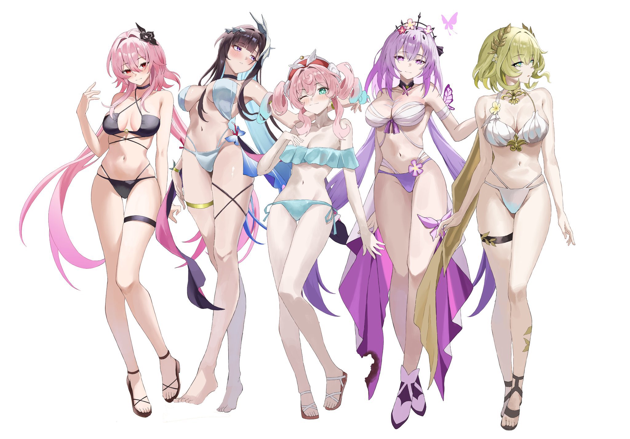 aglaea (honkai: star rail), black hair, black swimsuit, blonde female, blonde hair, blue swimsuit, castorice (honkai: star rail), evernight (honkai: star rail), green swimsuit, honkai: star rail, hoyoverse, hyacine (honkai: star rail), hysilens (honkai: star rail), long hair, march 7th (honkai: star rail), mihoyo, multicolored hair, multiple girls, pink hair, purple hair, red eyes, swimsuit, white swimsuit