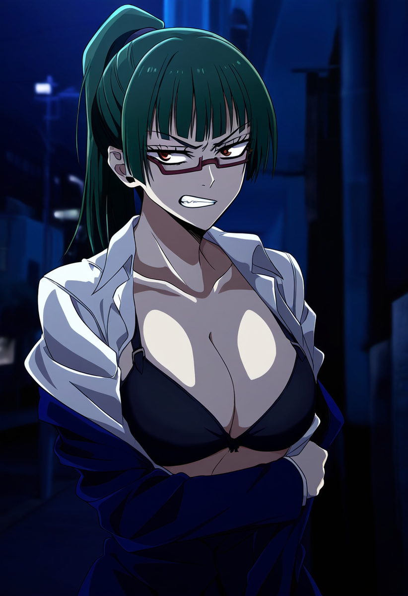ai generated, angry, angry face, assertive female, big breasts, blush, bra, breasts, cleavage, female, flustered, glasses, gritted teeth, jujutsu kaisen, oerba yun fang, school uniform, schoolgirl, slim waist, stripping, tsundere, zenin maki