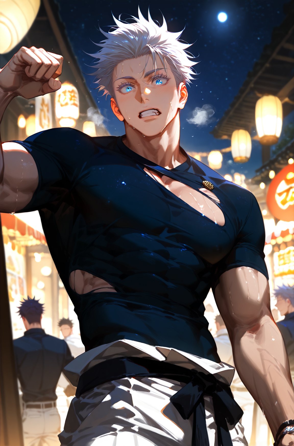 4boys ai_generated bangs bara belt black_belt black_shirt blue_eyes blue_shirt clenched_teeth covered_abs goldenfieldszho jujutsu_kaisen lantern large_pectorals looking_at_viewer male_focus multiple_boys muscular muscular_male night night_sky outdoors pants pectorals satoru_gojo shirt short_hair sky solo_focus spiked_hair sweat teeth torn_clothes torn_shirt white_hair white_pants