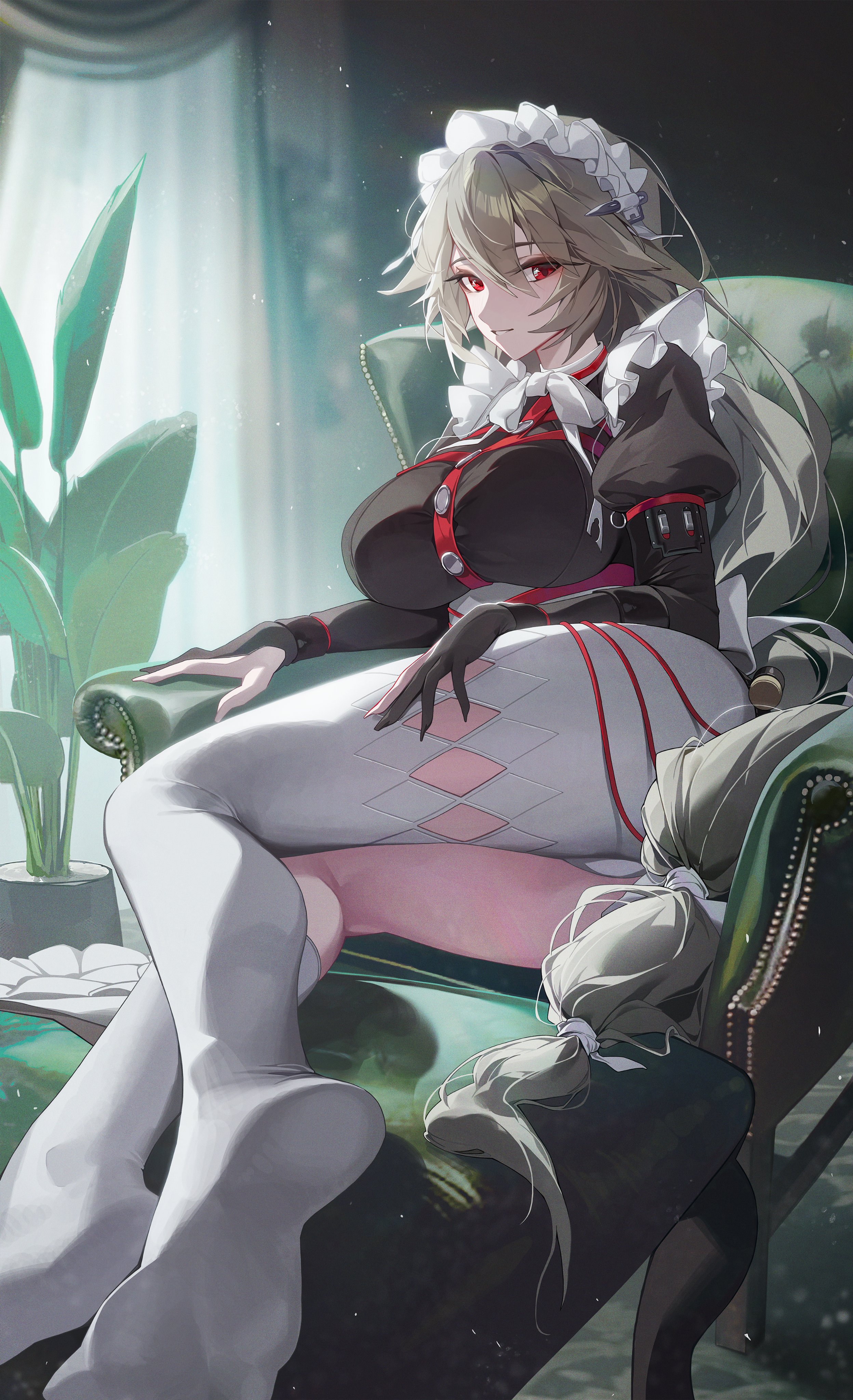 1girls, alexandrina sebastiane, big breasts, breasts, feet, grey hair, hoyoverse, legs, long hair, maid, mihoyo, pantyhose, ponytail, red eyes, zenless zone zero