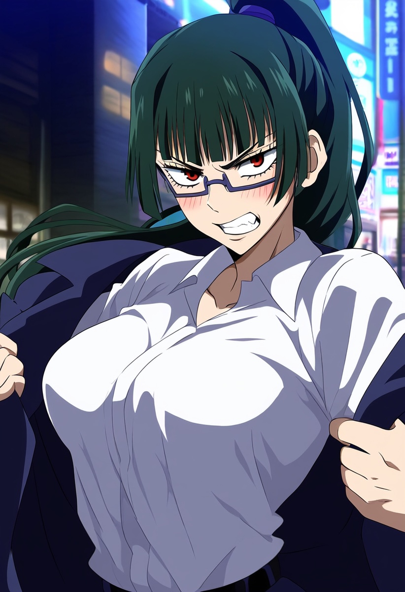 ai generated, angry, angry face, assertive female, big breasts, blush, breasts, female, flustered, glasses, gritted teeth, jujutsu kaisen, oerba yun fang, school uniform, schoolgirl, slim waist, stripping, tsundere, zenin maki