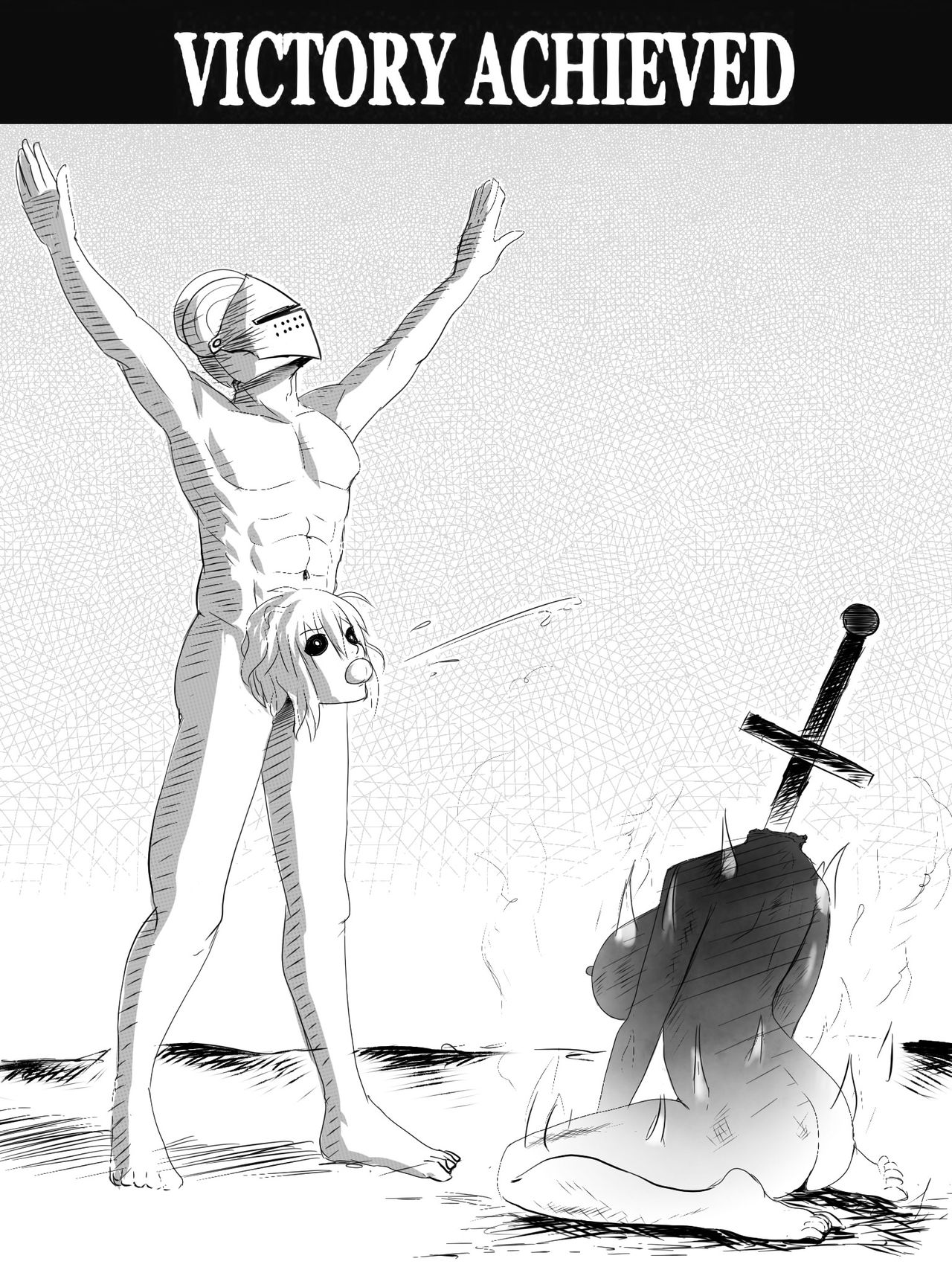 1boy, 1girls, big breasts, breasts, burning, comic, cum, cumshot, dark souls, death, decapitation, decapitation (sword), defeated, female, female death, fire, gore, guro, helmet only, human, human death, male, monochrome, necrophilia, reverse blowjob, severed head, straight, sword, veiled616