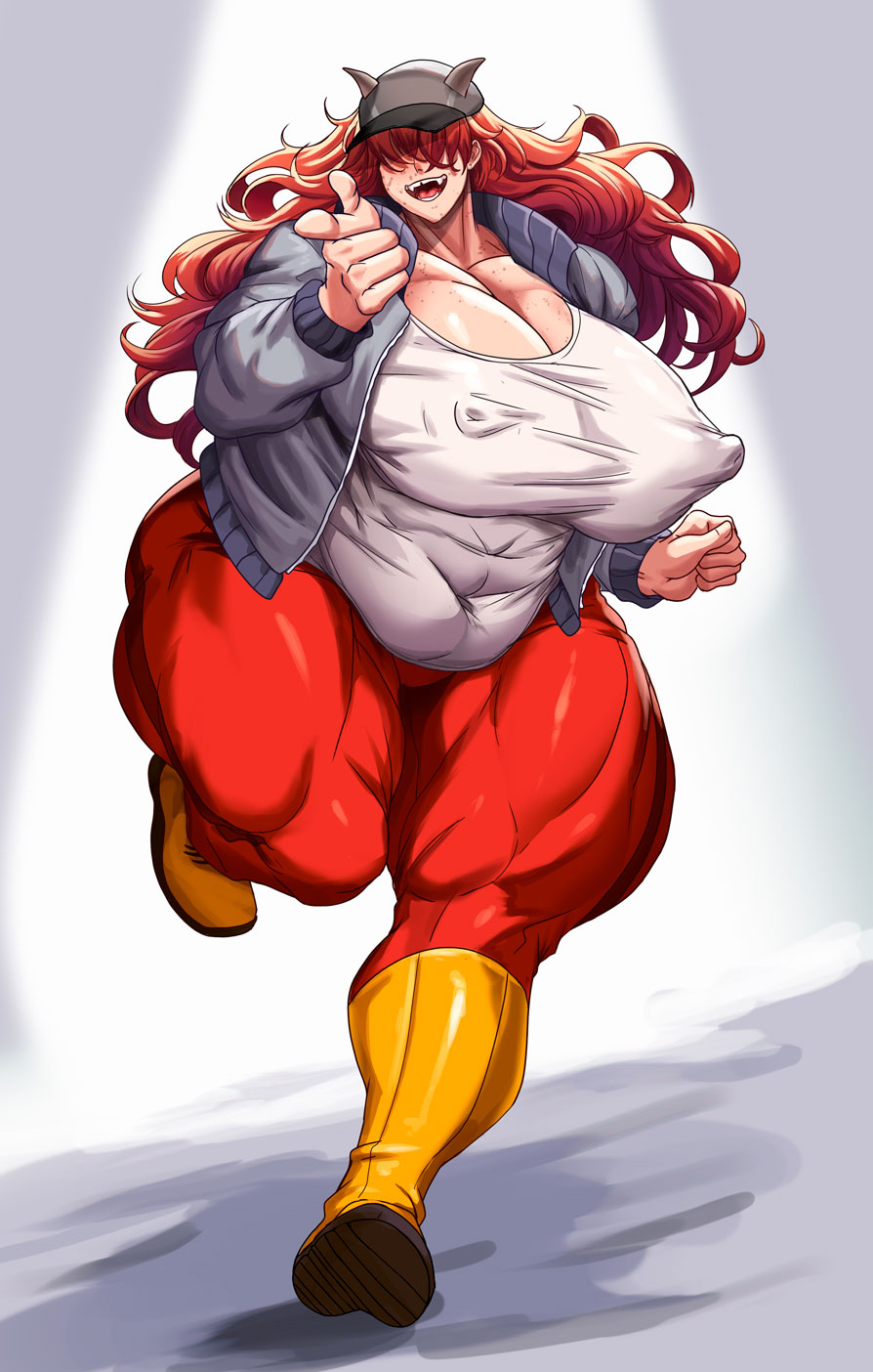 1girls abs alternate_version_available big_breasts boots busty cleavage curvy detailed_background erect_nipple erect_nipples eyelashes female female_only freckles front_view hair_over_eyes hat horn hourglass_figure huge_muscles humanoid jacket long_hair looking_at_viewer muscle muscular muscular_female nipple_bulge open_mouth original_character red_hair running saxwakuy shadow shiny shiny_skin solo solo_female spread_legs spreading thick_thighs voluptuous wide_hips