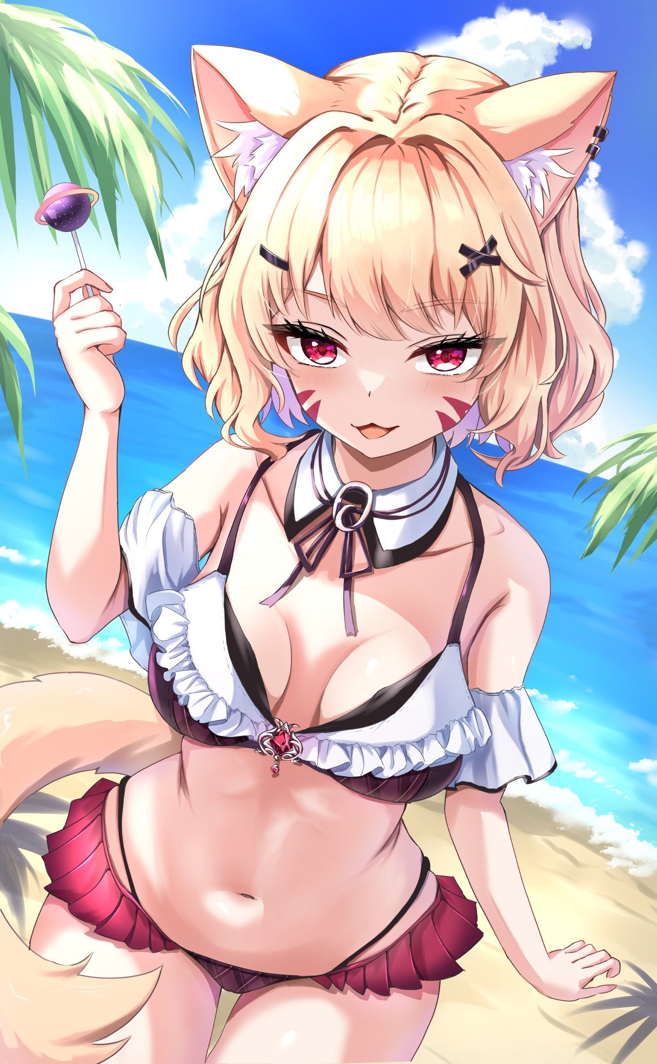 1girl 1girls :3d :d animal_ear_fluff animal_ears bare_shoulders beach bikini bikini_skirt black_bikini blonde_hair blue_sky blush breasts cat_ears cat_tail catgirl cleavage cloud collarbone cowboy_shot day detached_collar dog_tail face_markings female female_only food fox_ears fox_tail frilled_bikini frills hair_ornament hairclip looking_at_viewer maid_bikini medium_breasts navel ocean off_shoulder open_mouth outdoors palm_tree pink_eyes popsicle red_eyes short_hair sky smile solo squchan_(vtuber) standing stomach swimsuit tail thighs tree virtual_youtuber vyugen water